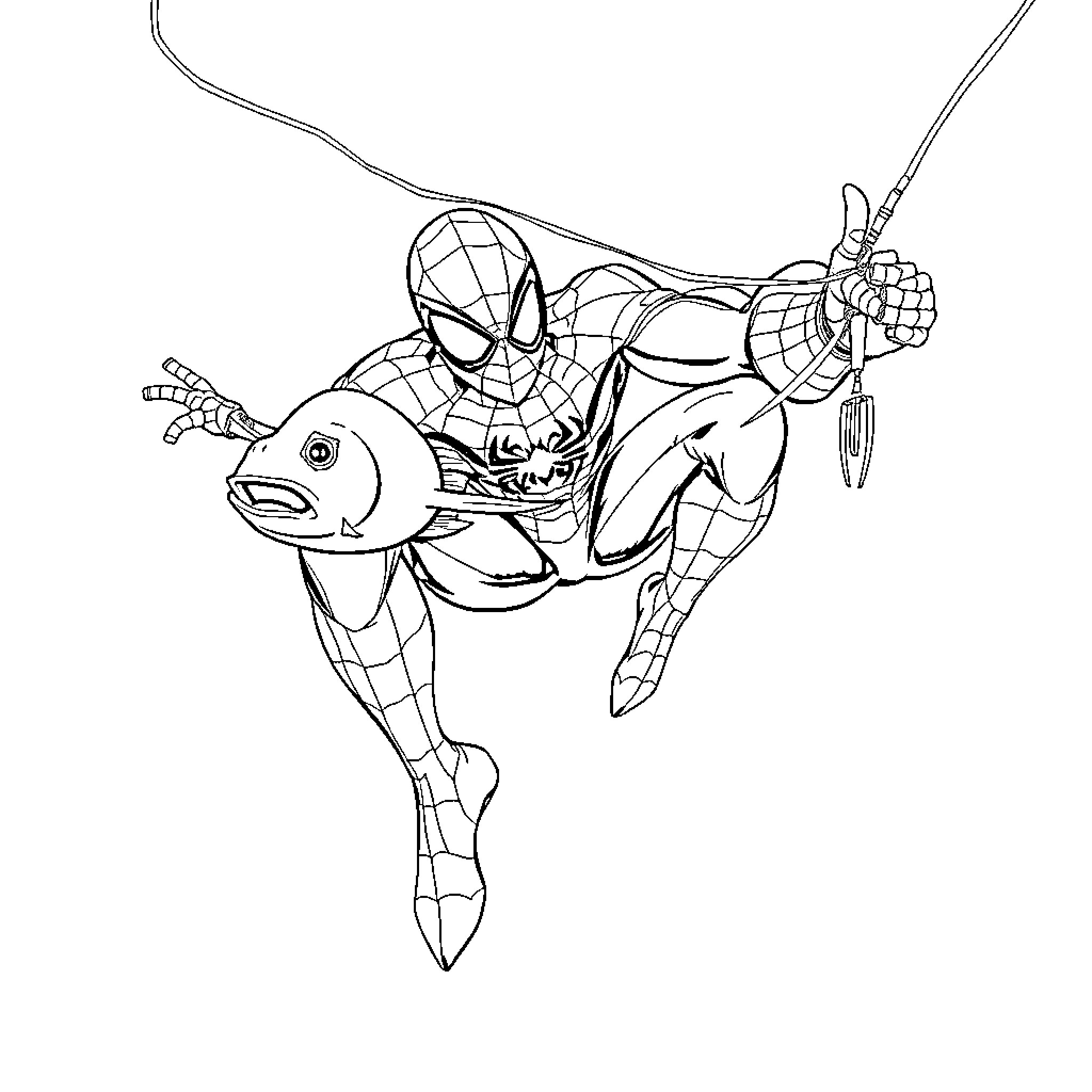 Spiderman swinging through the city with a fish Coloring Page (free black-and-white line drawing printable PDF for all, from beginners to advanced learners, including children, teens, adults, and seniors)