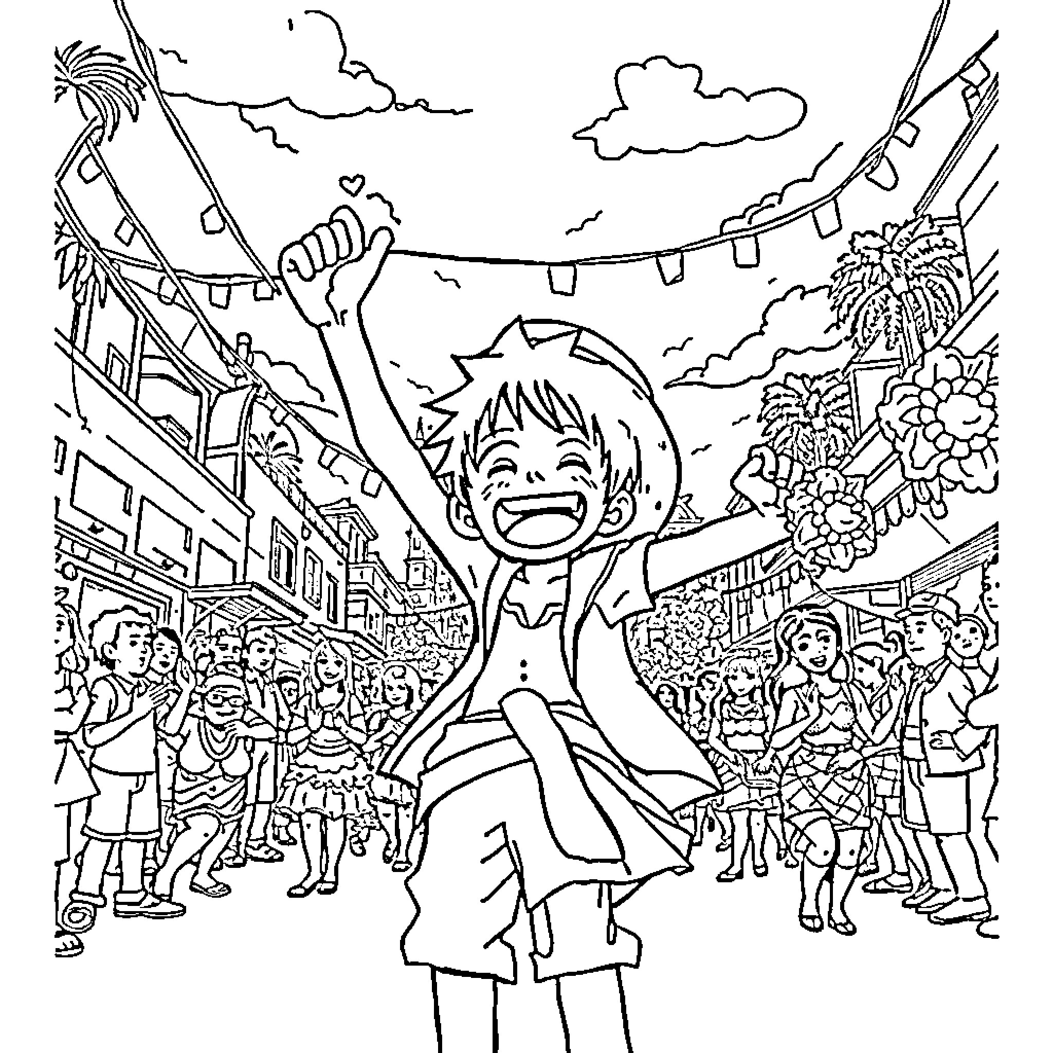 Luffy Celebrating in a Lively Festival Crowd Coloring Page (free black-and-white line drawing printable PDF for all, from beginners to advanced learners, including children, teens, adults, and seniors)