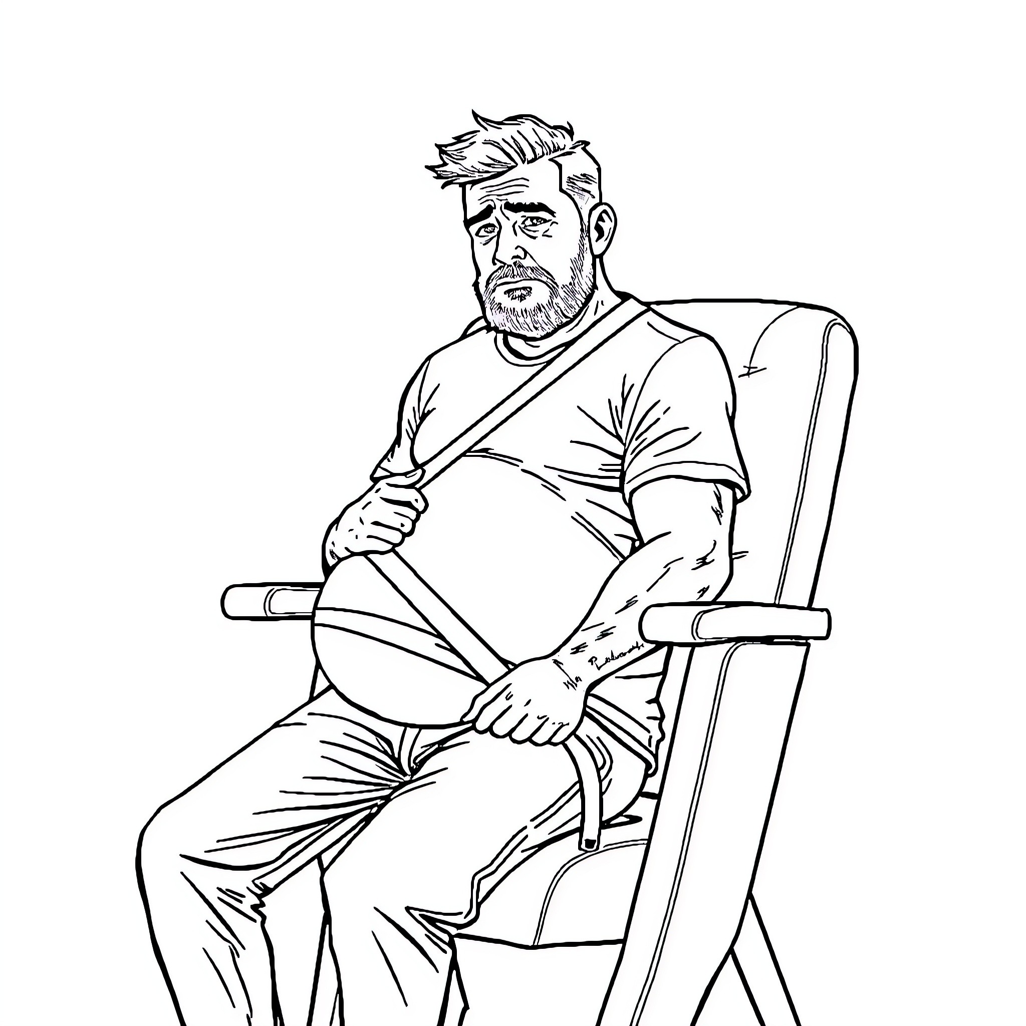 Pregnant Man Sitting in Chair with Concerned Expression Coloring Page (free black-and-white line drawing printable PDF for all, from beginners to advanced learners, including children, teens, adults, and seniors)