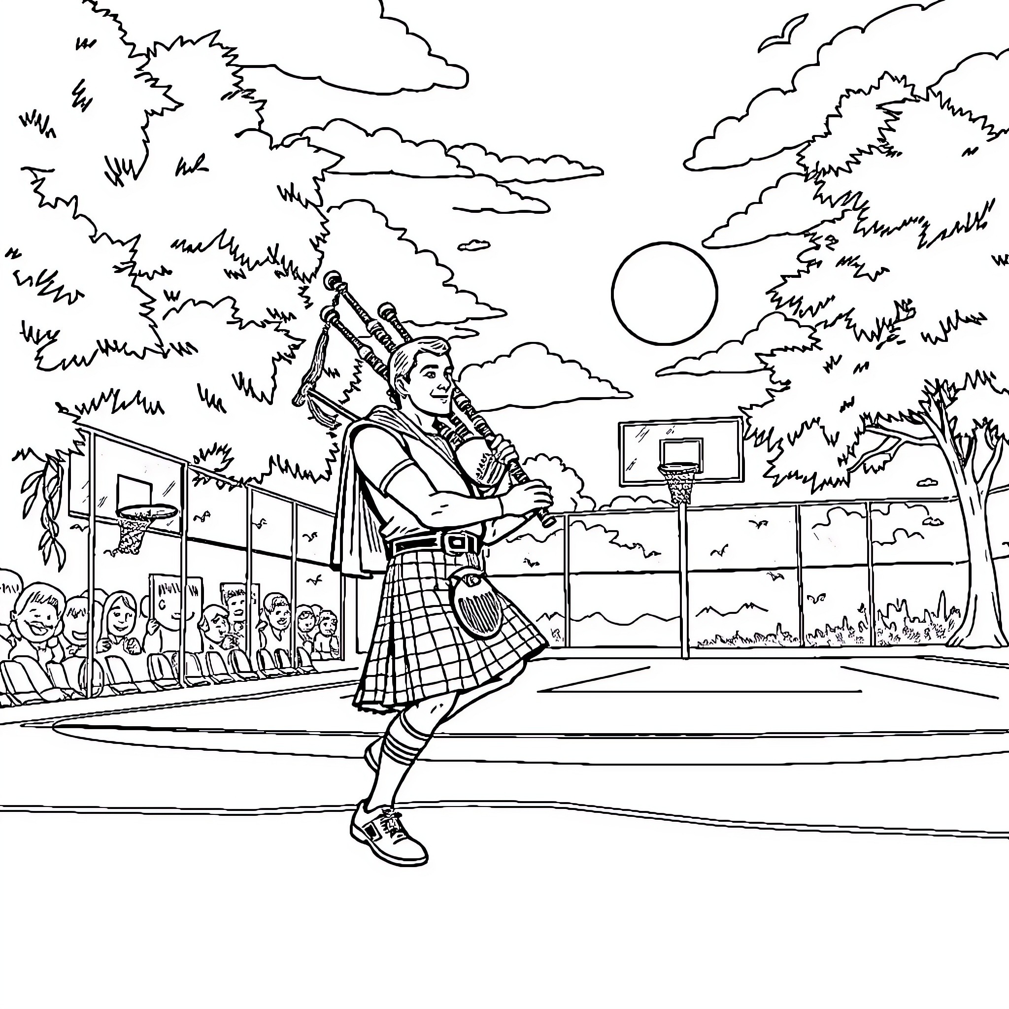 Bagpiper performing at an outdoor basketball court Coloring Page (free black-and-white line drawing printable PDF for all, from beginners to advanced learners, including children, teens, adults, and seniors)