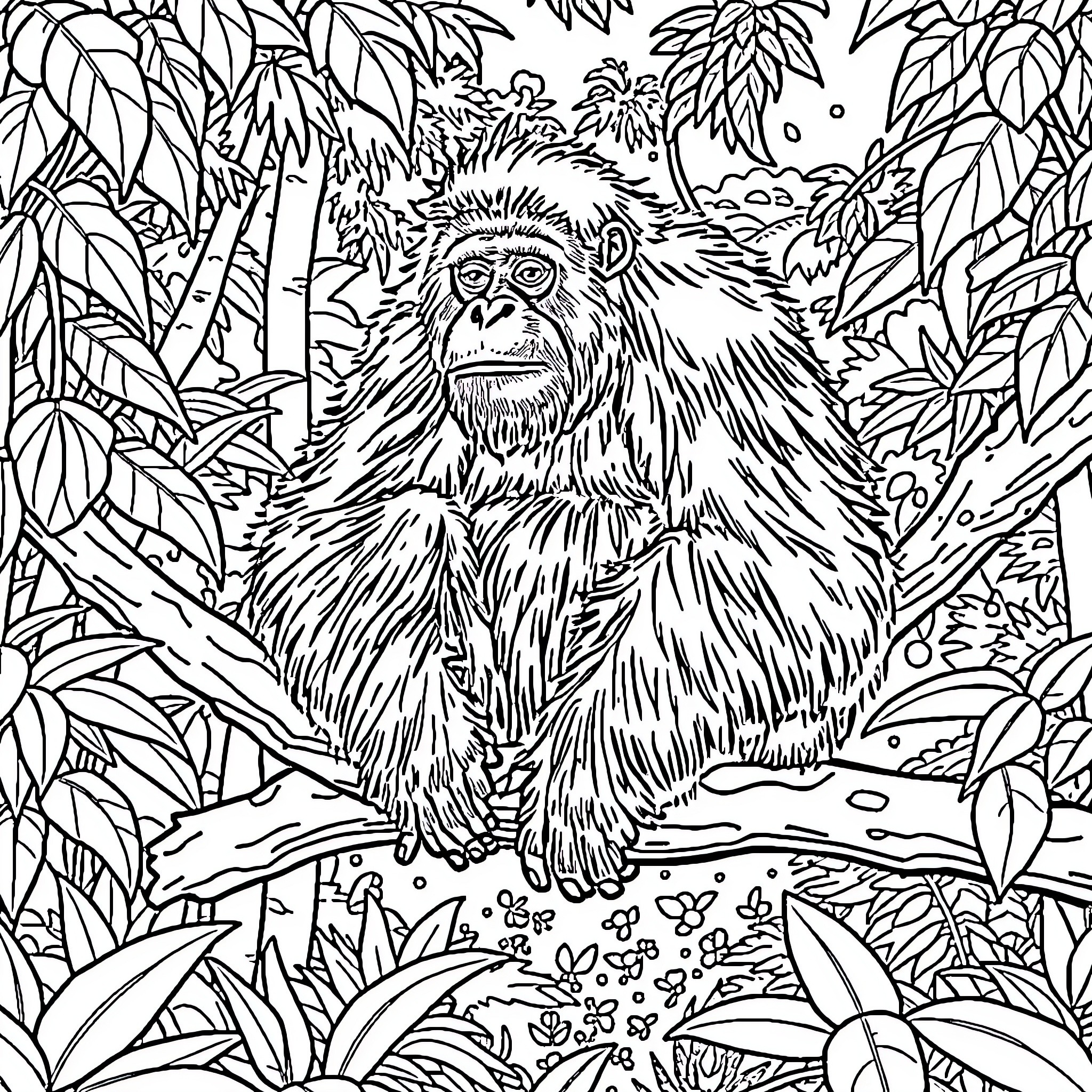 Orang Exploring the Lush Jungle Habitat Coloring Page (free black-and-white line drawing printable PDF for all, from beginners to advanced learners, including children, teens, adults, and seniors)
