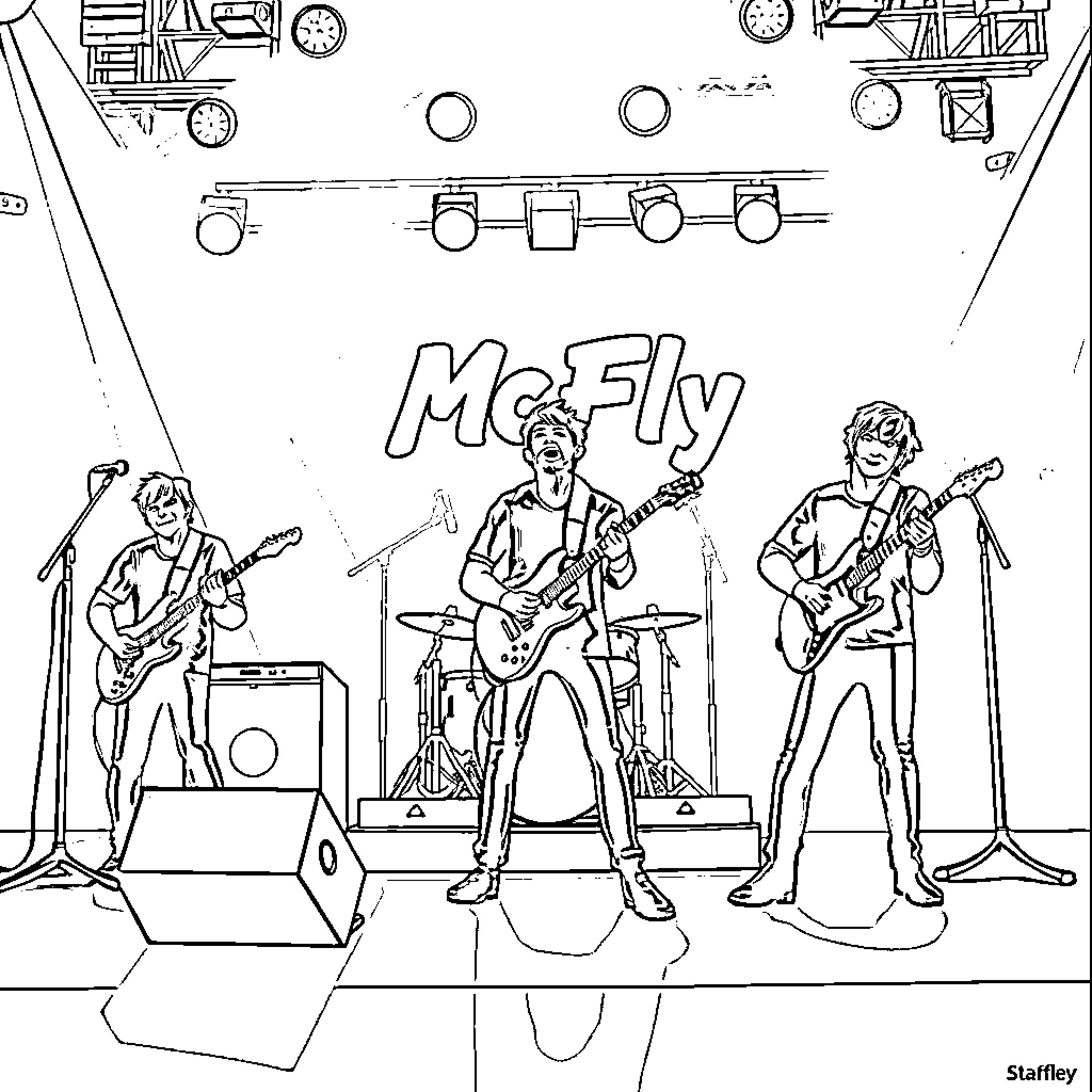 McFly Performing on Stage with Guitars Coloring Page (free black-and-white line drawing printable PDF for all, from beginners to advanced learners, including children, teens, adults, and seniors)