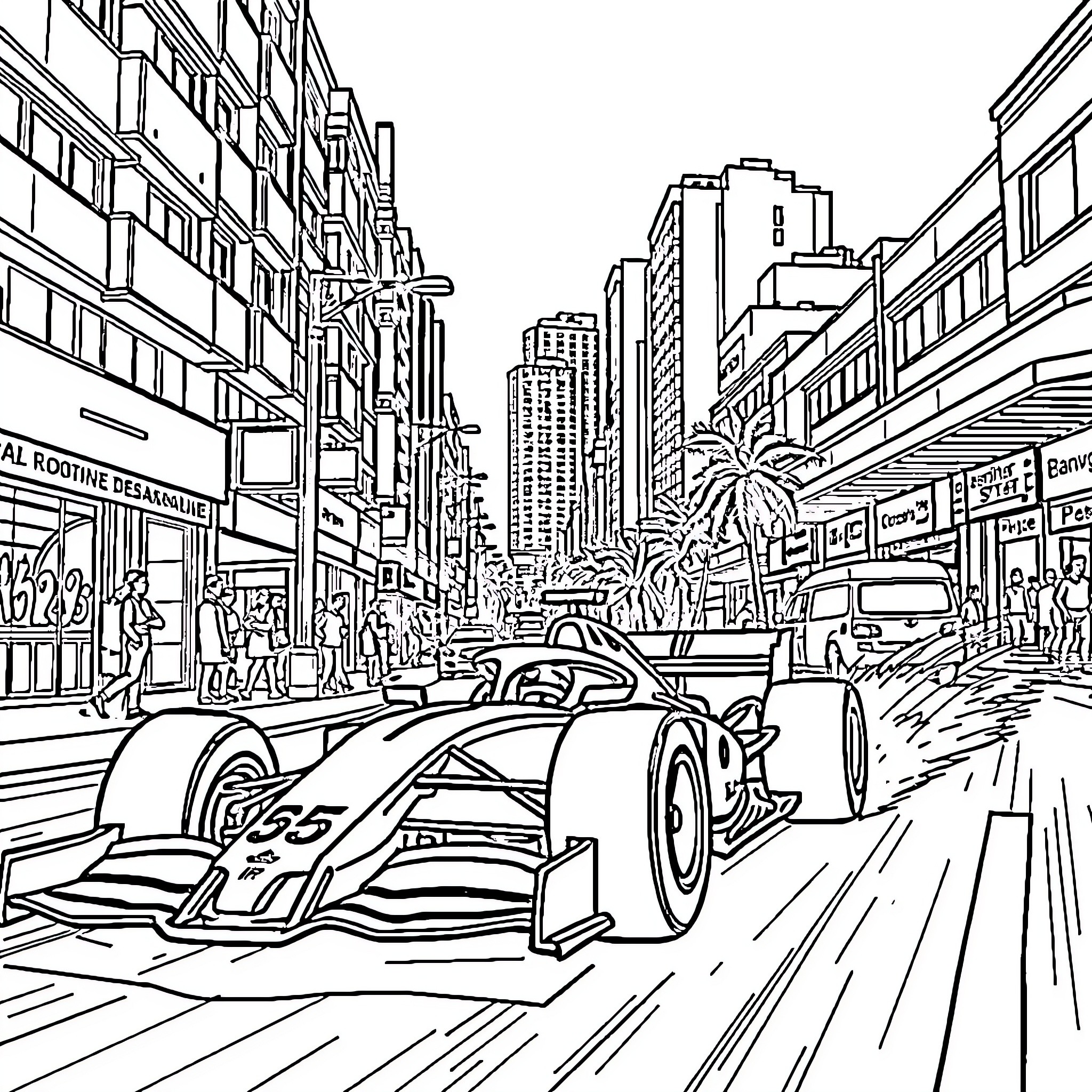 F1 Car speeding through busy urban city street Coloring Page (free black-and-white line drawing printable PDF for all, from beginners to advanced learners, including children, teens, adults, and seniors)