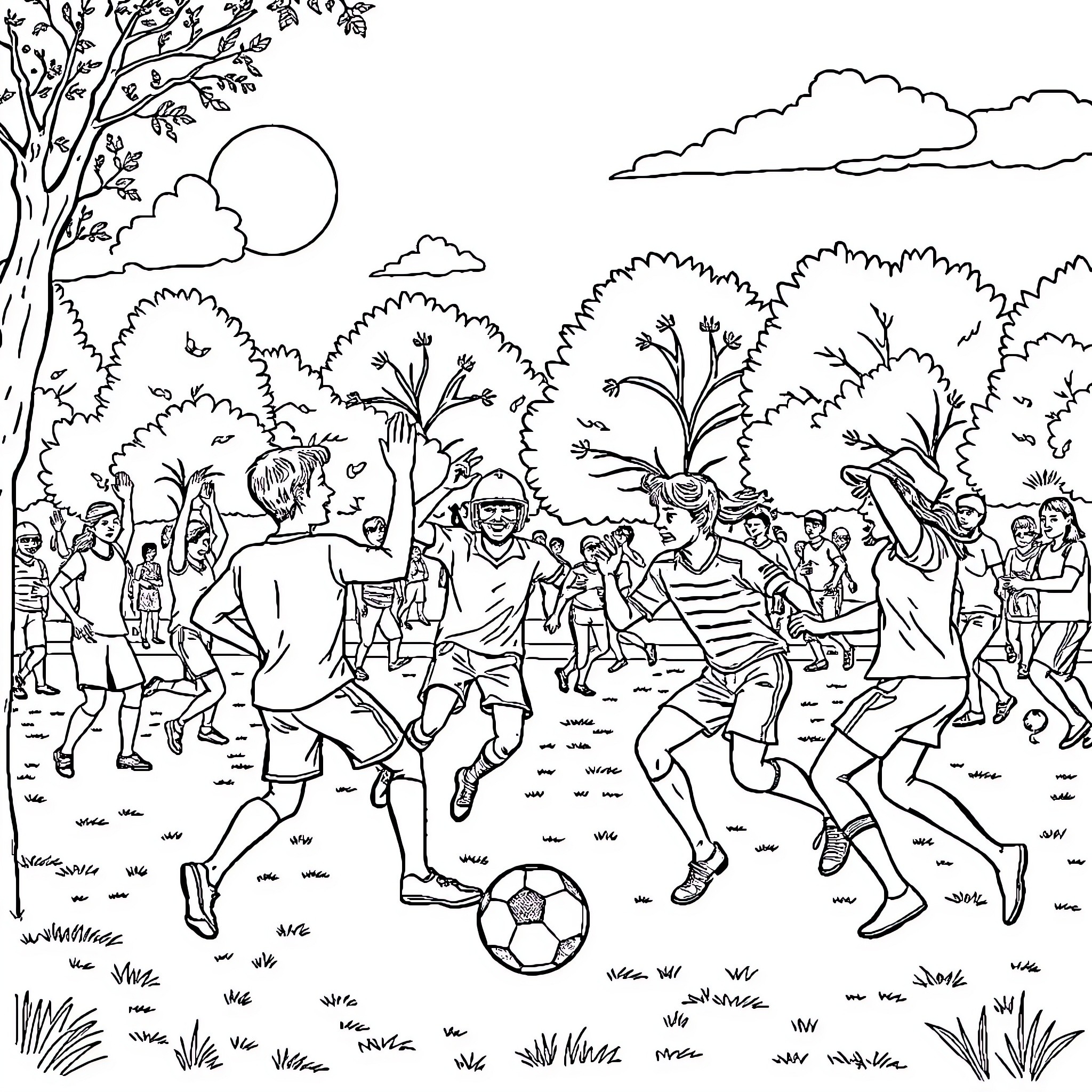 Charivari of spirited soccer players in the park Coloring Page (free black-and-white line drawing printable PDF for all, from beginners to advanced learners, including children, teens, adults, and seniors)
