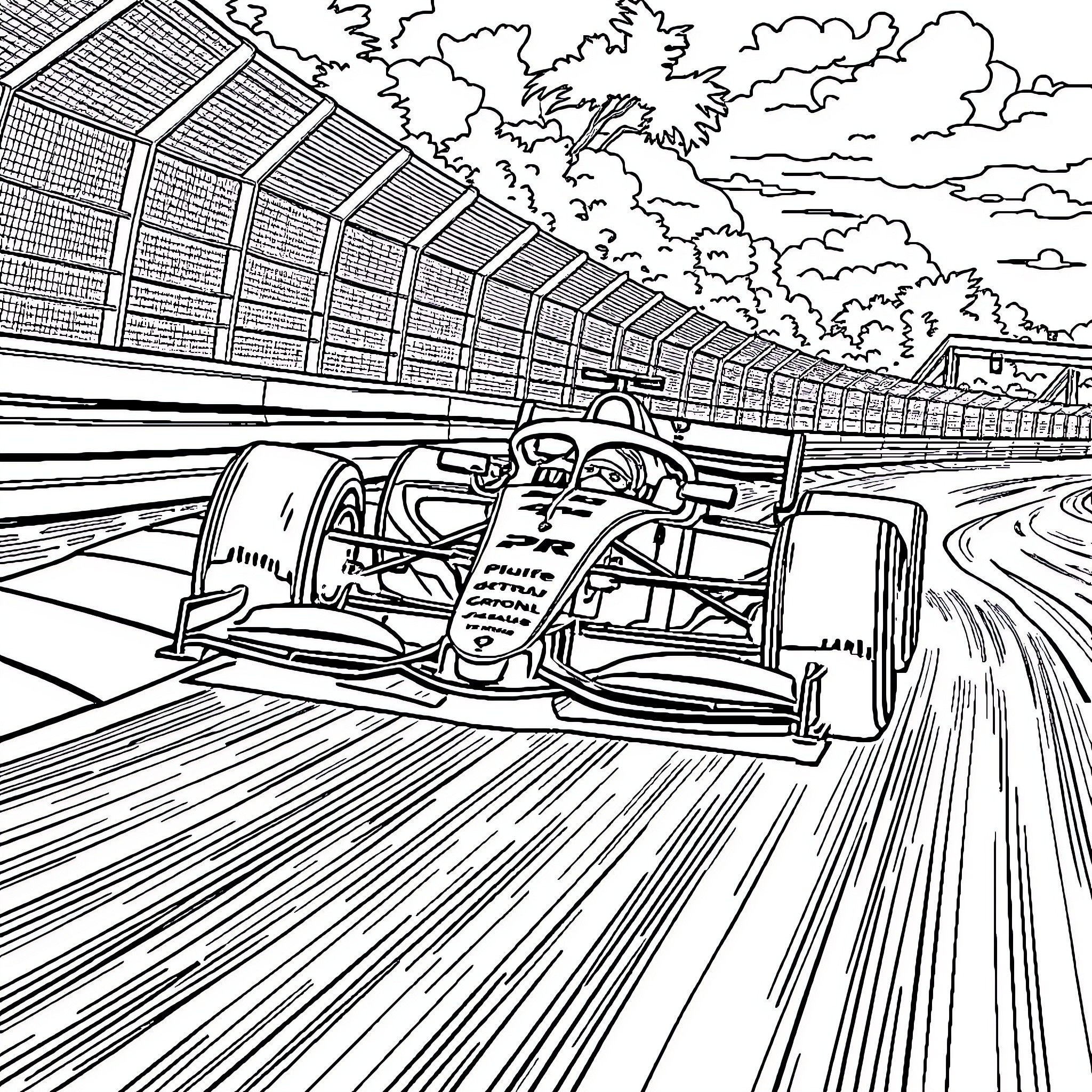 Formula 1 Racing Car Speeding on Race Track Coloring Page (free black-and-white line drawing printable PDF for all, from beginners to advanced learners, including children, teens, adults, and seniors)