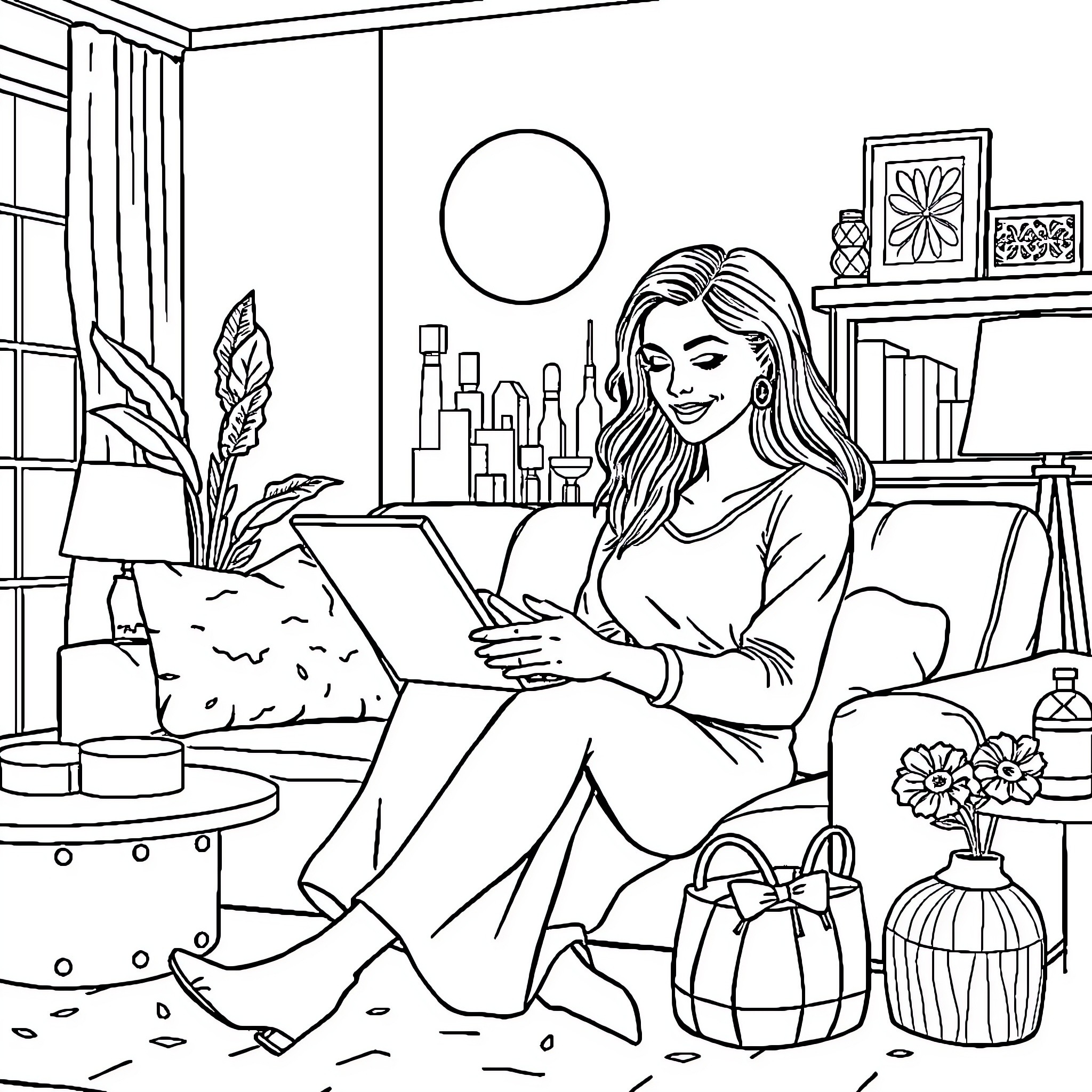Lady sitting comfortably in her cozy room Coloring Page (free black-and-white line drawing printable PDF for all, from beginners to advanced learners, including children, teens, adults, and seniors)