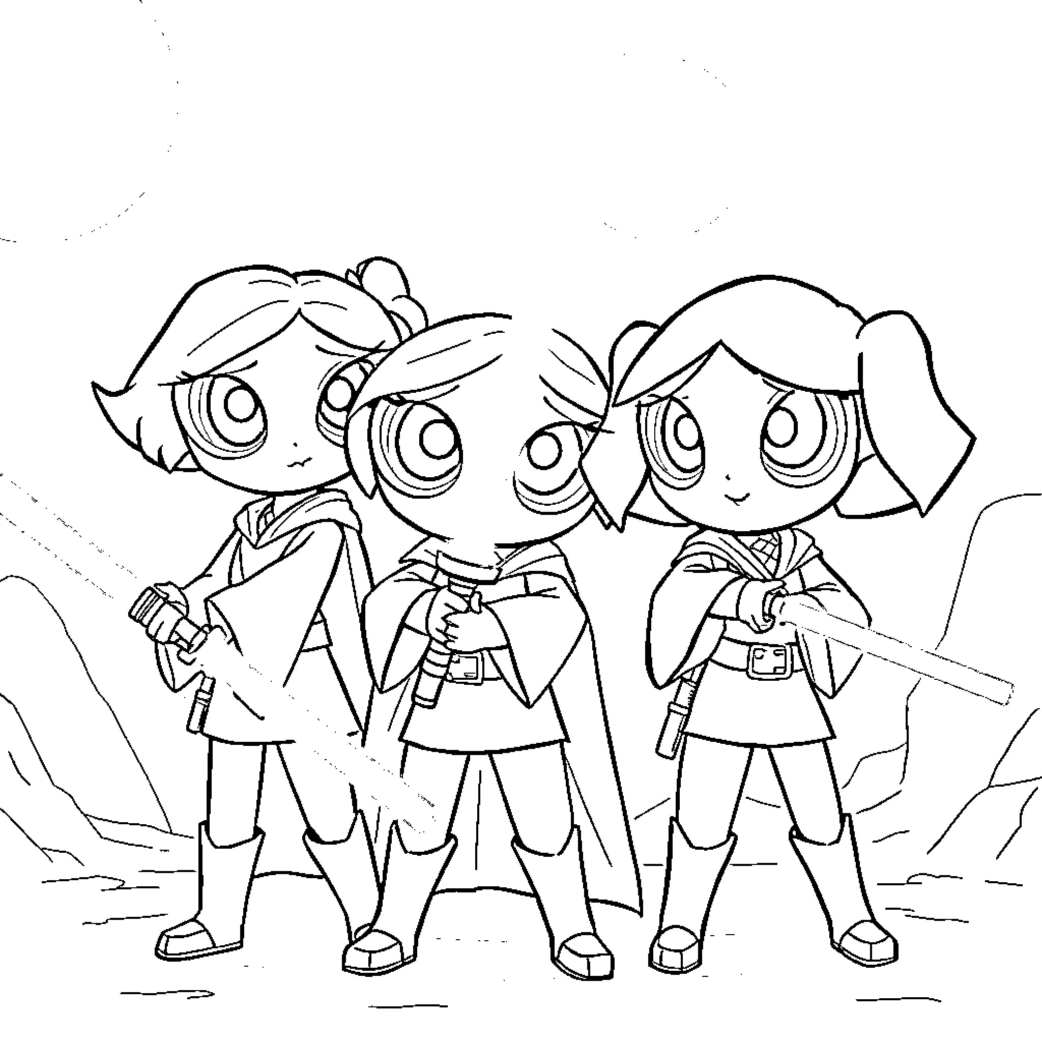 Powerpuff Girls on a Mission Coloring Page (free black-and-white line drawing printable PDF for all, from beginners to advanced learners, including children, teens, adults, and seniors)