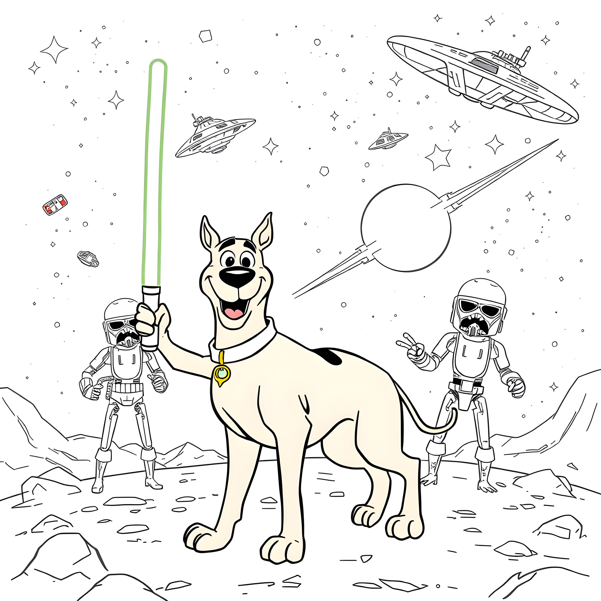 Scooby Doo and friends explore the galaxy Coloring Page (free black-and-white line drawing printable PDF for all, from beginners to advanced learners, including children, teens, adults, and seniors)