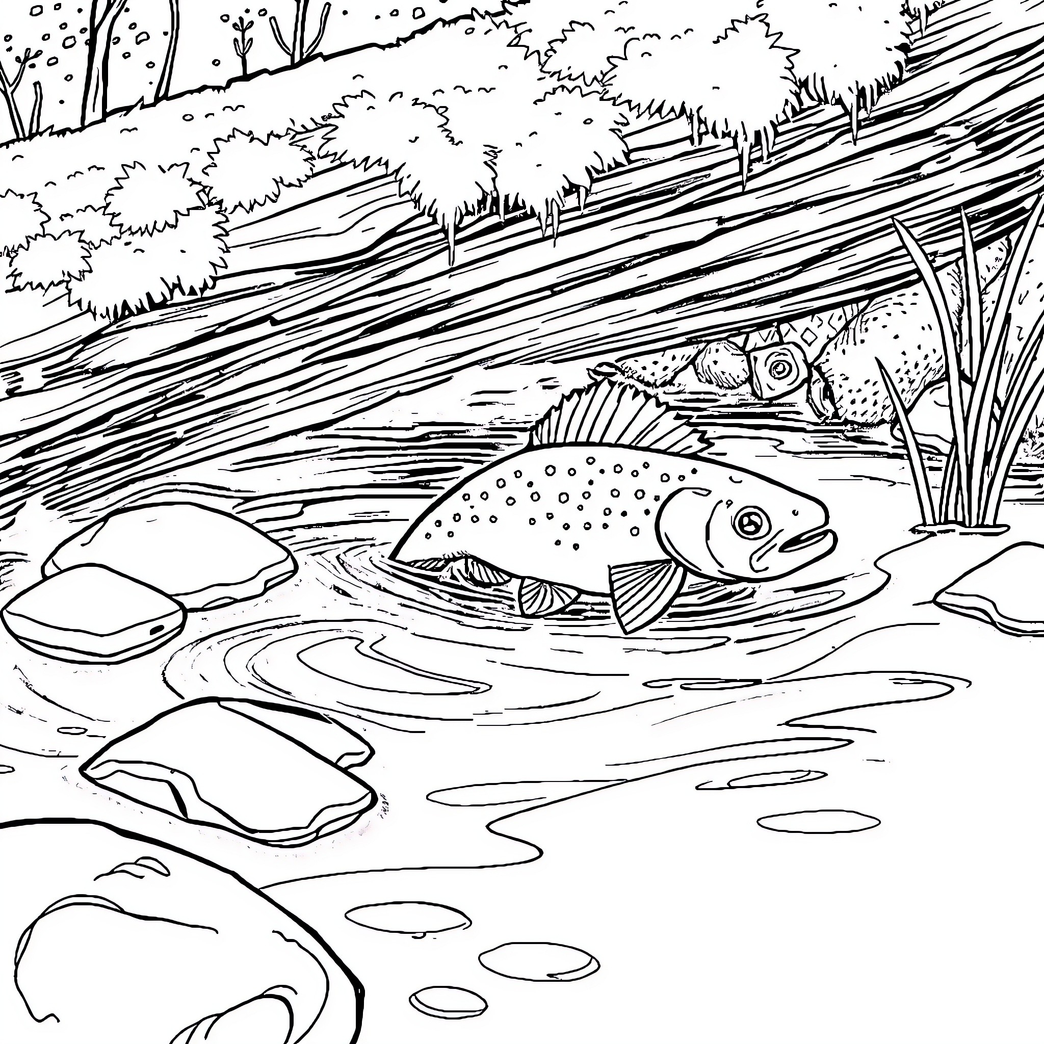 Catfish swimming in a tranquil forest stream Coloring Page (free black-and-white line drawing printable PDF for all, from beginners to advanced learners, including children, teens, adults, and seniors)