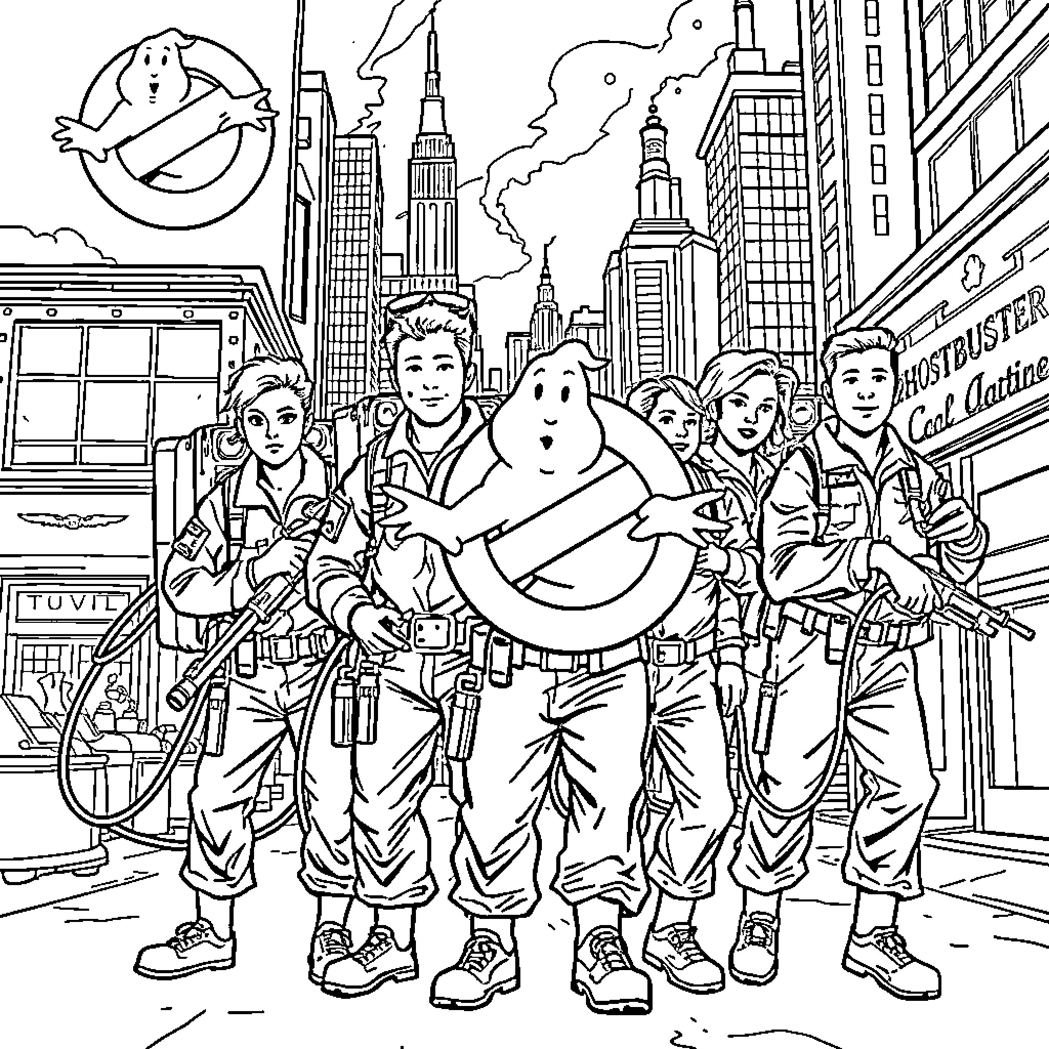 Ghostbusters team ready for action in the city Coloring Page (free black-and-white line drawing printable PDF for all, from beginners to advanced learners, including children, teens, adults, and seniors)