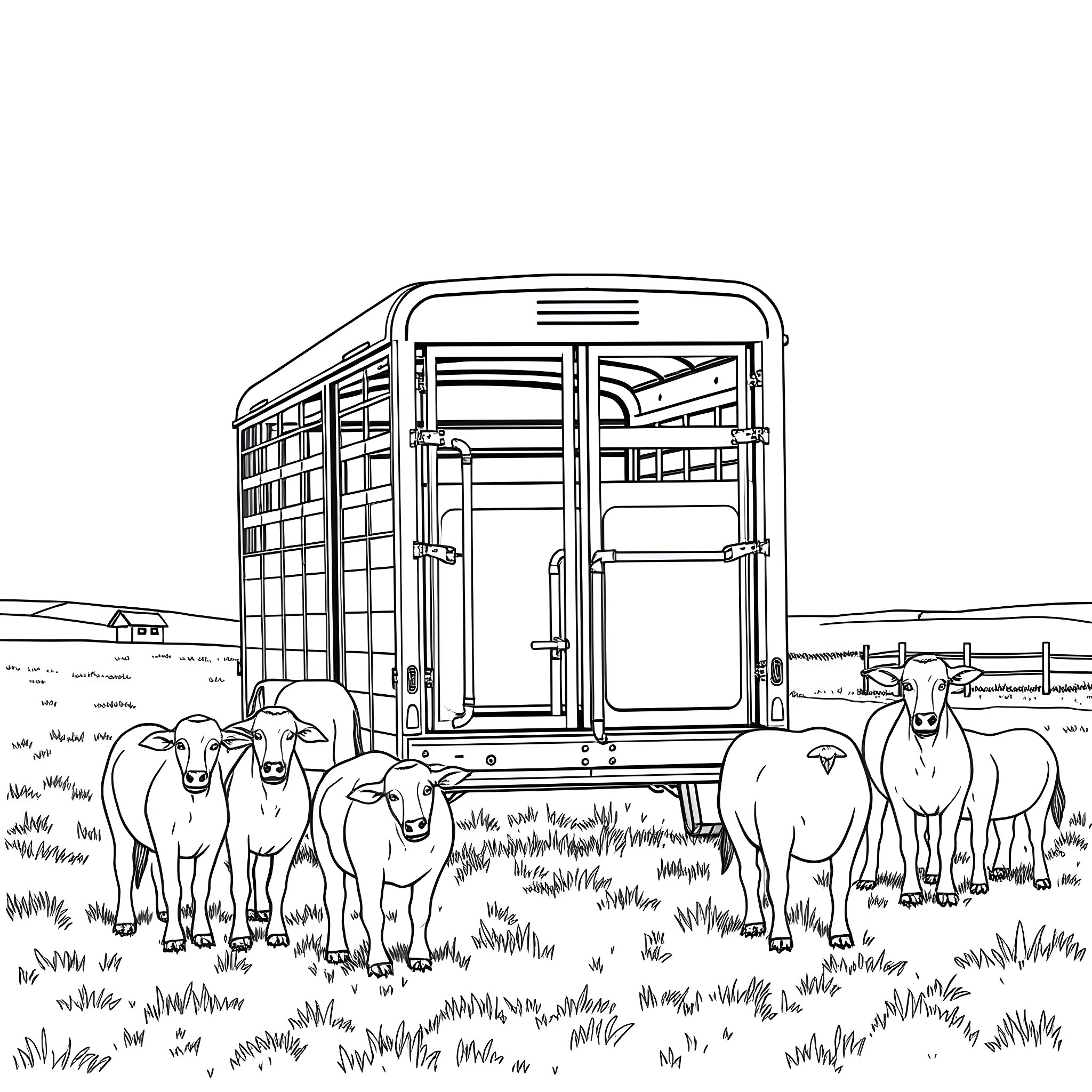 Livestock Trailer with Herd of Sheep on the Pasture Coloring Page (free black-and-white line drawing printable PDF for all, from beginners to advanced learners, including children, teens, adults, and seniors)