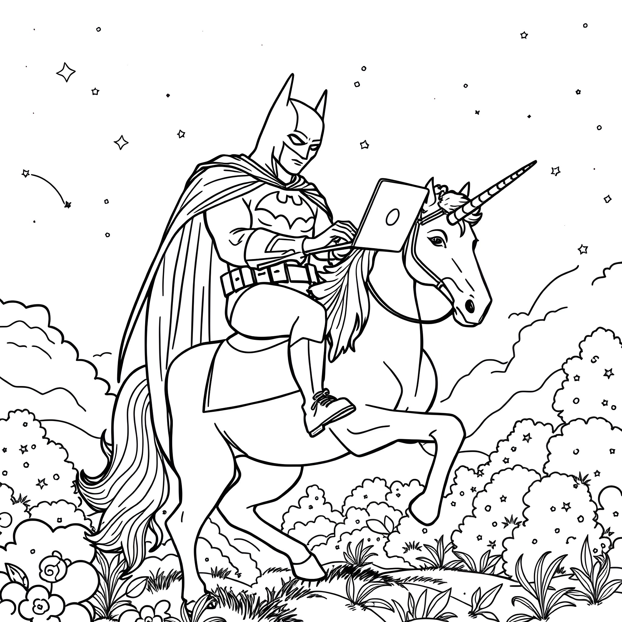 Batman Riding a Unicorn in a Magical Forest Coloring Page (free black-and-white line drawing printable PDF for all, from beginners to advanced learners, including children, teens, adults, and seniors)