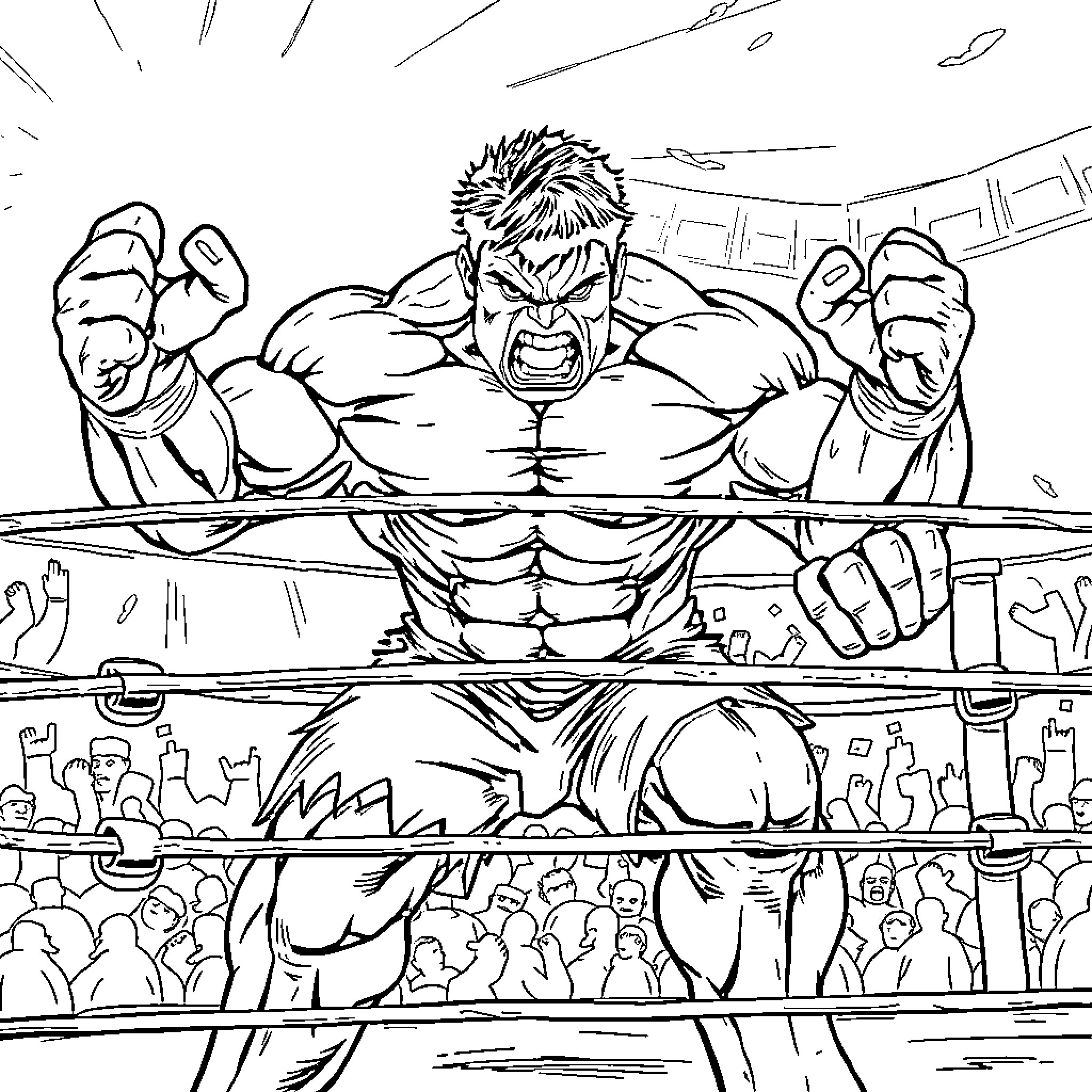Hulk Unleashed: Wrestler Dominates the Ring Coloring Page (free black-and-white line drawing printable PDF for all, from beginners to advanced learners, including children, teens, adults, and seniors)
