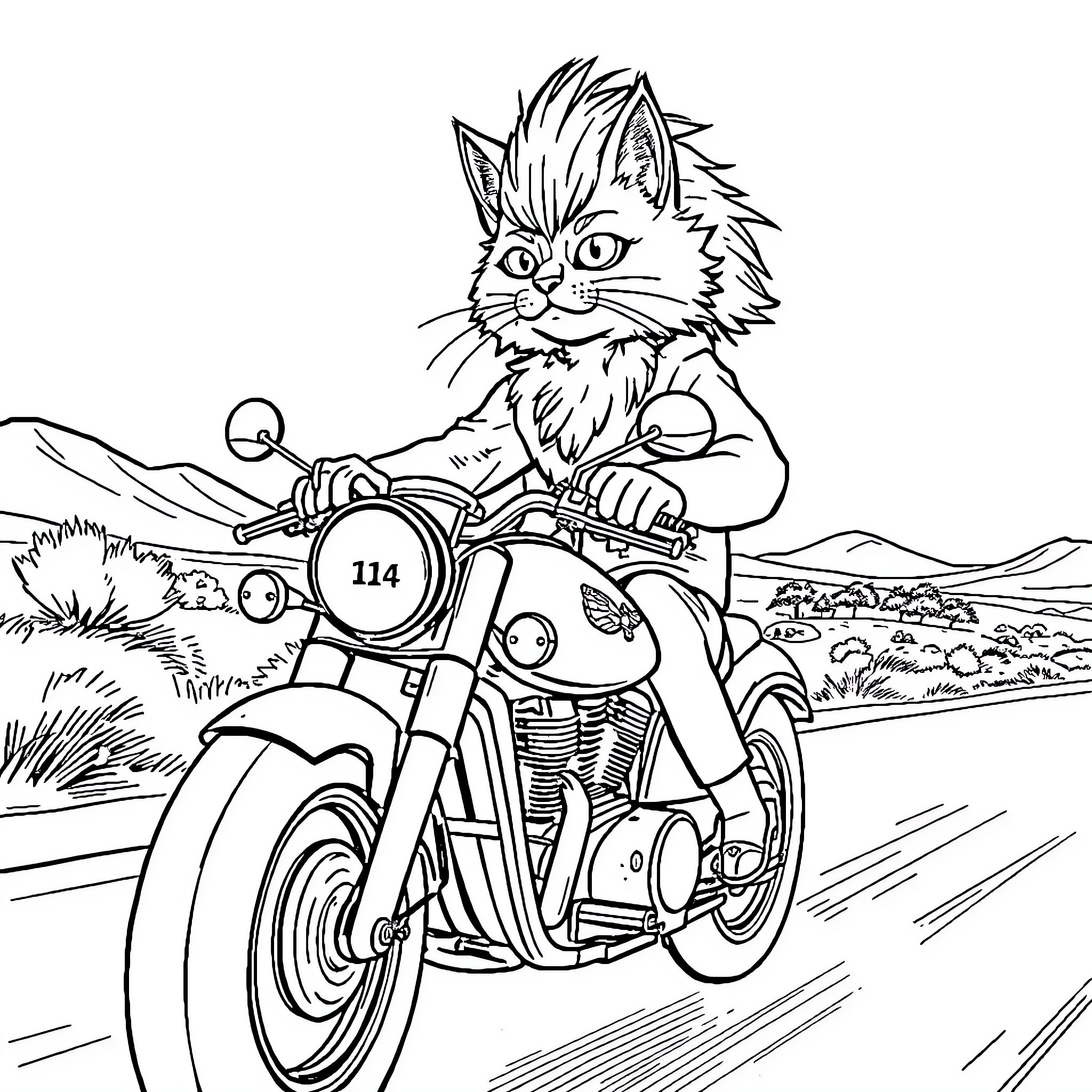 Cat riding motorcycle on countryside road Coloring Page (free black-and-white line drawing printable PDF for all, from beginners to advanced learners, including children, teens, adults, and seniors)