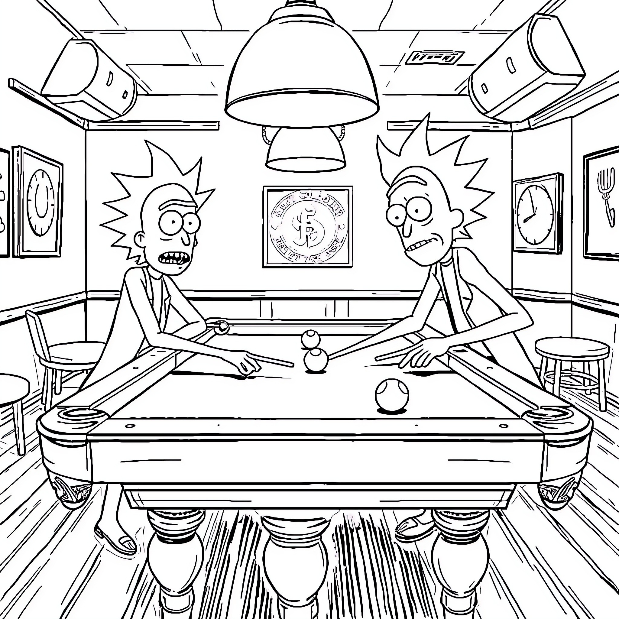 Rick And Morty playing pool in zany cartoon setting Coloring Page (free black-and-white line drawing printable PDF for all, from beginners to advanced learners, including children, teens, adults, and seniors)