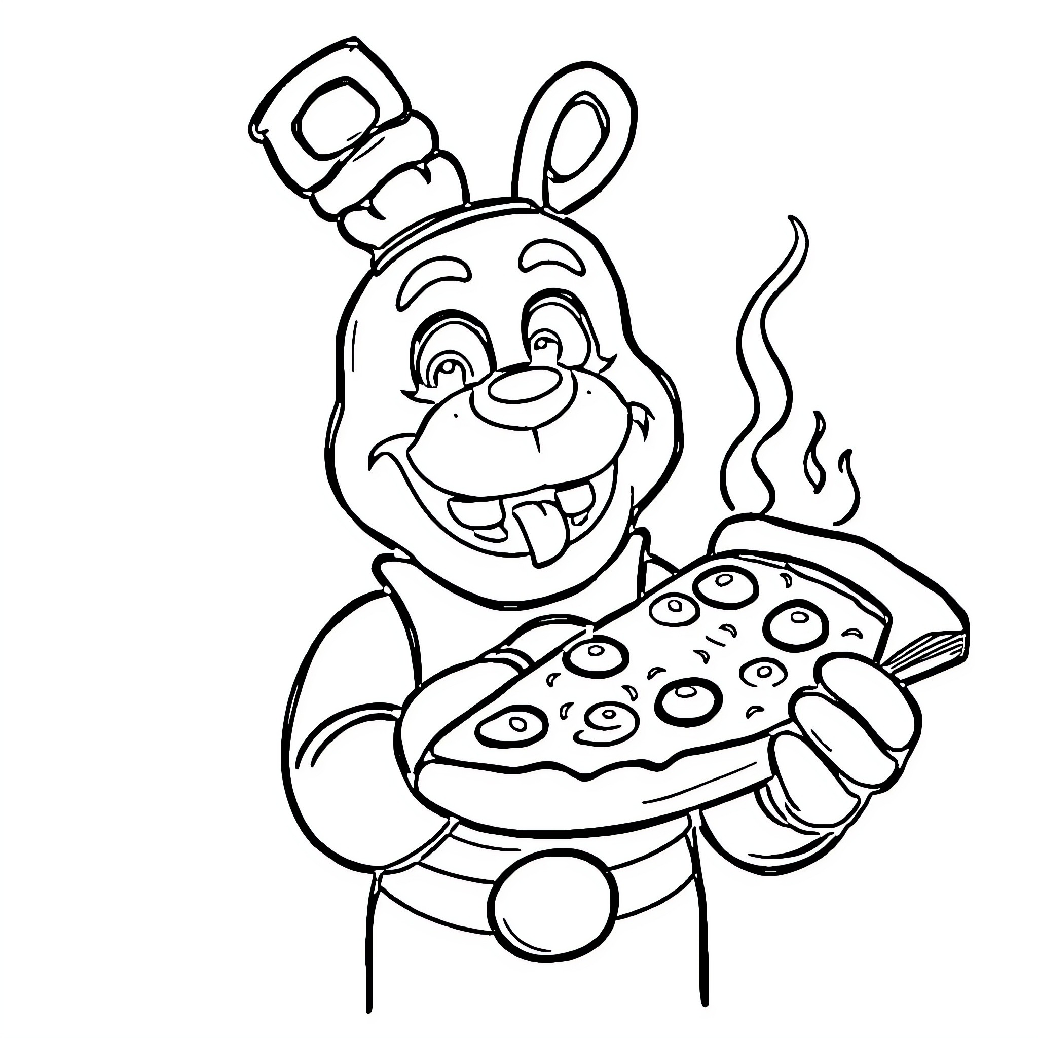 Freddy enjoys a delicious pizza Coloring Page (free black-and-white line drawing printable PDF for all, from beginners to advanced learners, including children, teens, adults, and seniors)