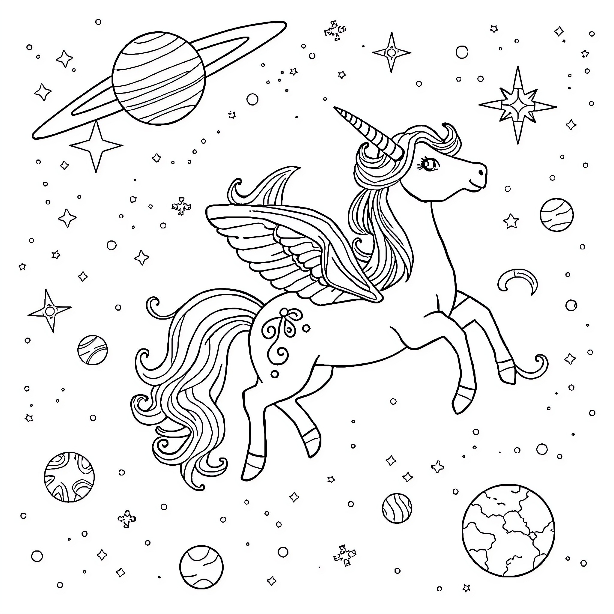Unicorn flying through the magical space Coloring Page (free black-and-white line drawing printable PDF for all, from beginners to advanced learners, including children, teens, adults, and seniors)