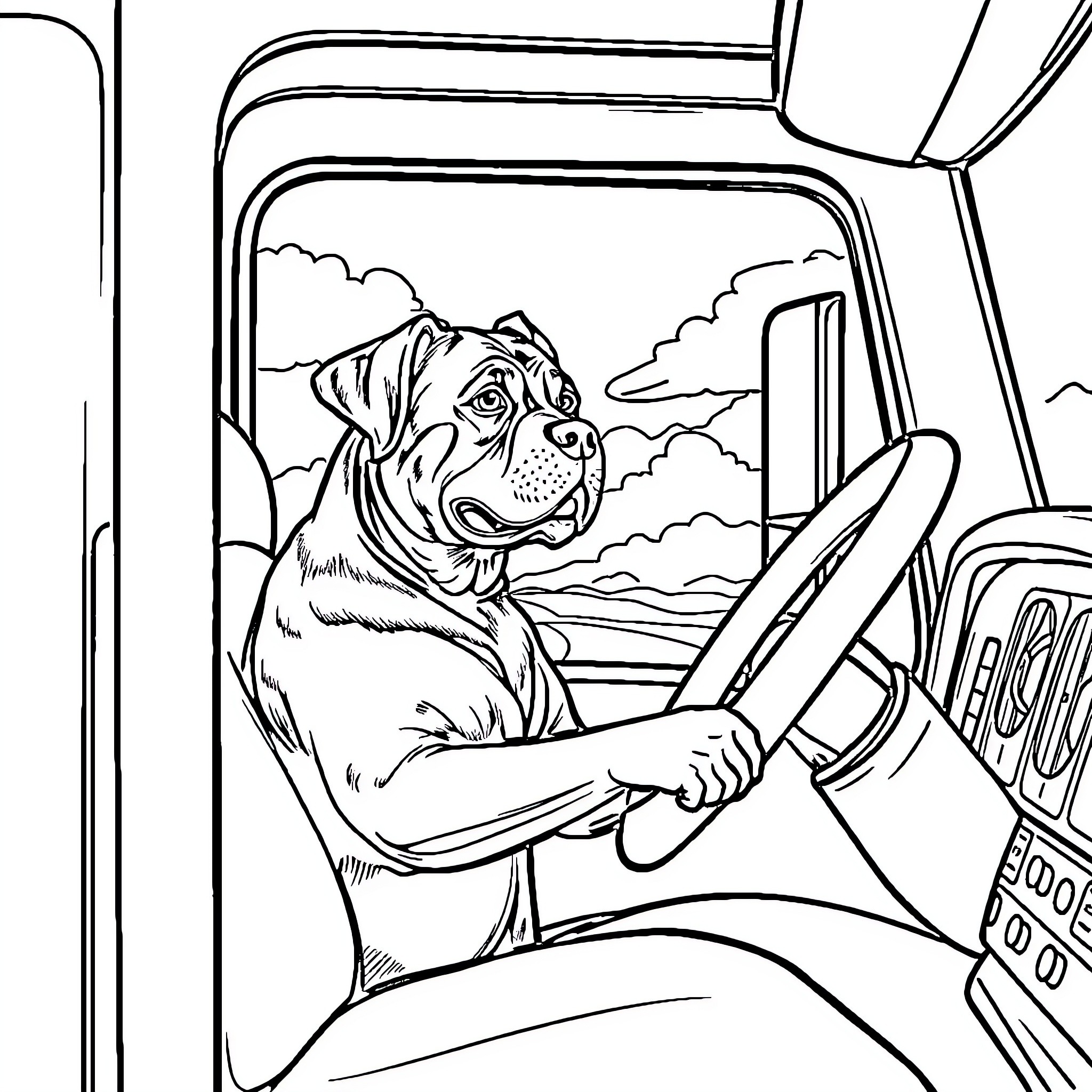 Rottweiler driving a truck on the open road Coloring Page (free black-and-white line drawing printable PDF for all, from beginners to advanced learners, including children, teens, adults, and seniors)