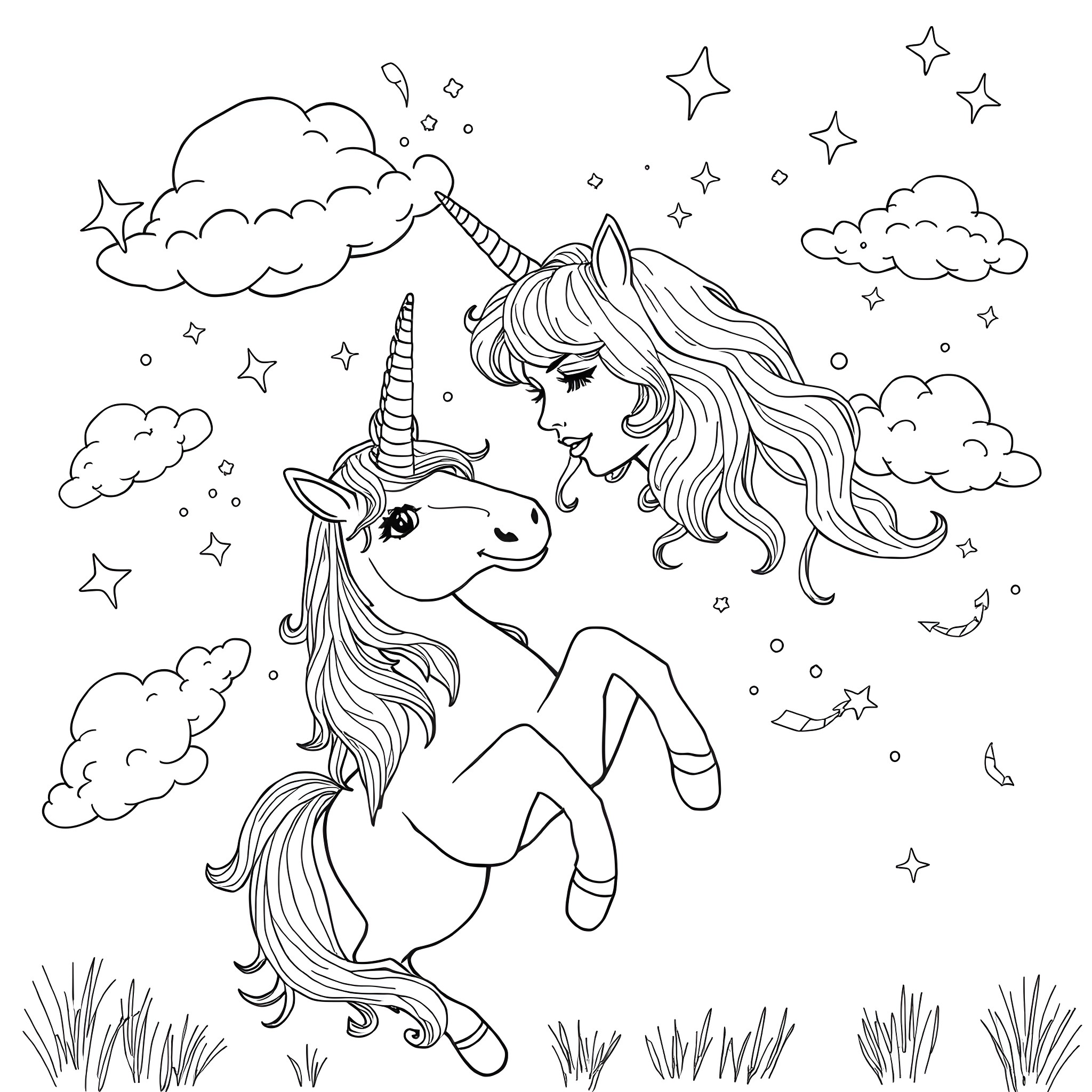 Unicorn playing happily in the starry night sky Coloring Page (free black-and-white line drawing printable PDF for all, from beginners to advanced learners, including children, teens, adults, and seniors)