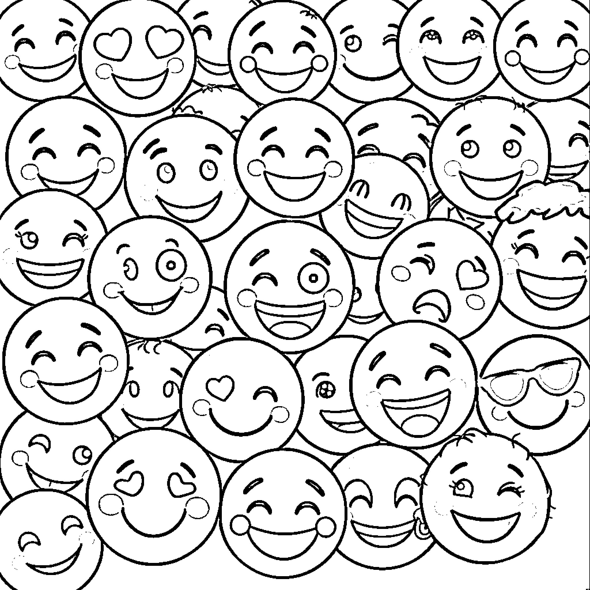 Emoji Faces Expressing Various Emotions Coloring Page (free black-and-white line drawing printable PDF for all, from beginners to advanced learners, including children, teens, adults, and seniors)