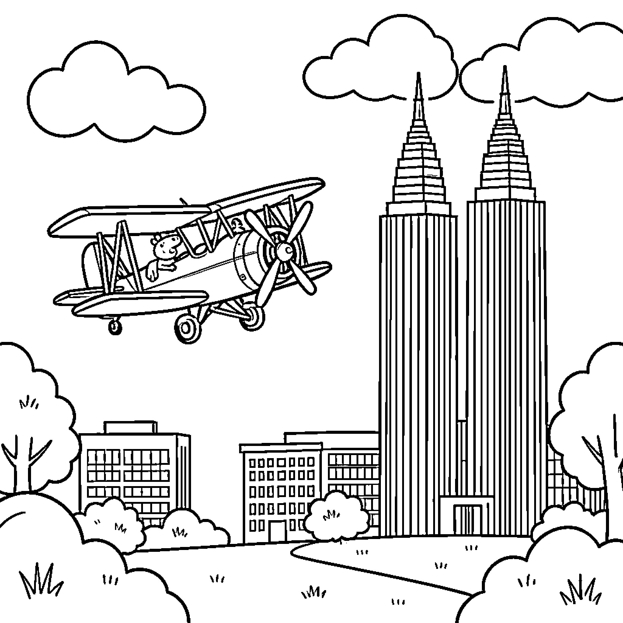 Peppa Pig flying an airplane over the city Coloring Page (free black-and-white line drawing printable PDF for all, from beginners to advanced learners, including children, teens, adults, and seniors)