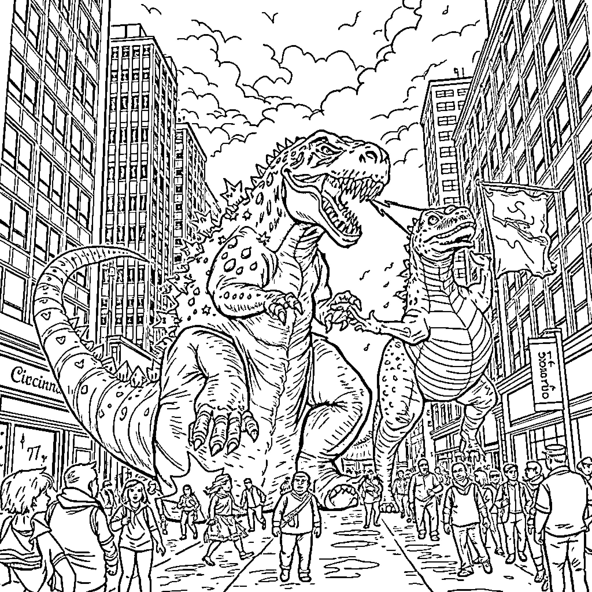 Monster terrorizing the city streets Coloring Page (free black-and-white line drawing printable PDF for all, from beginners to advanced learners, including children, teens, adults, and seniors)