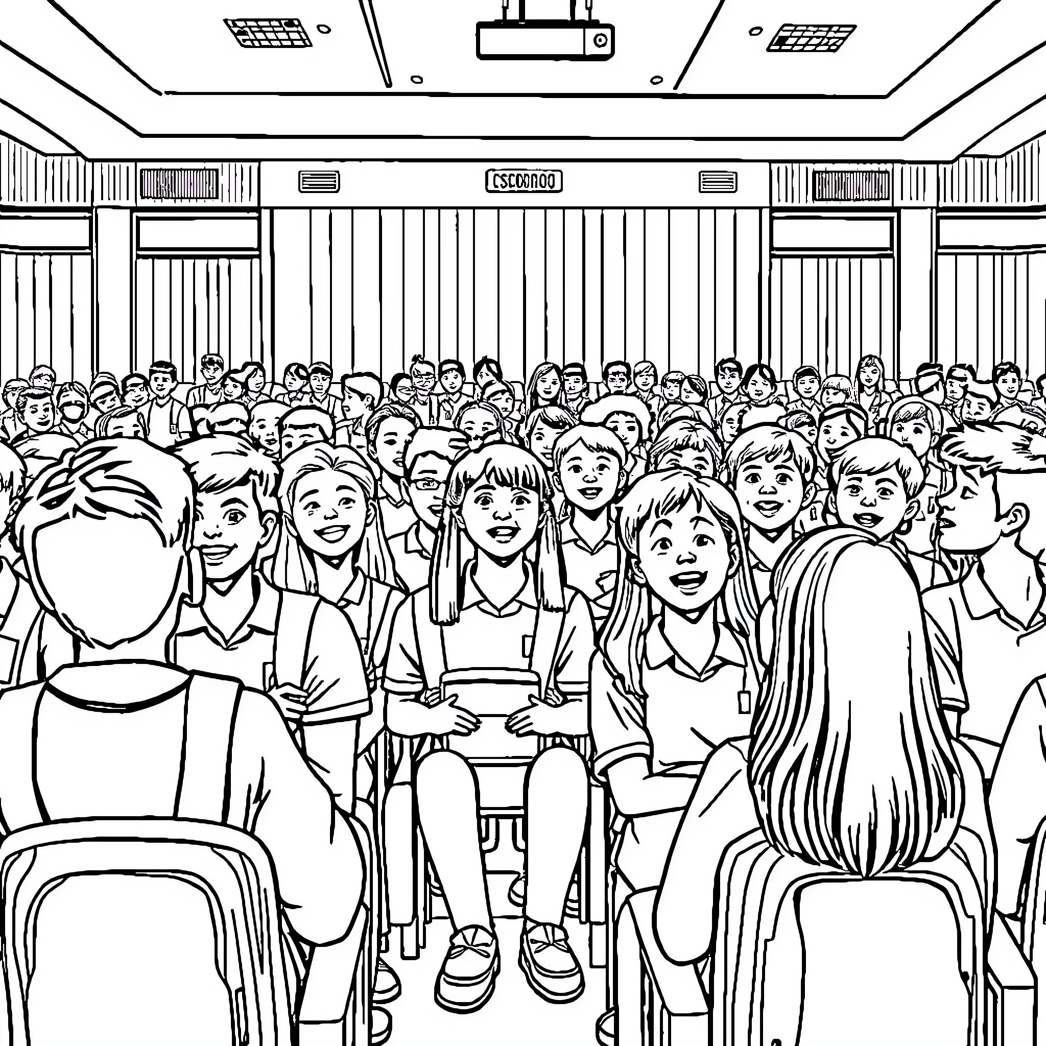 Students attending a school assembly in the auditorium Coloring Page (free black-and-white line drawing printable PDF for all, from beginners to advanced learners, including children, teens, adults, and seniors)
