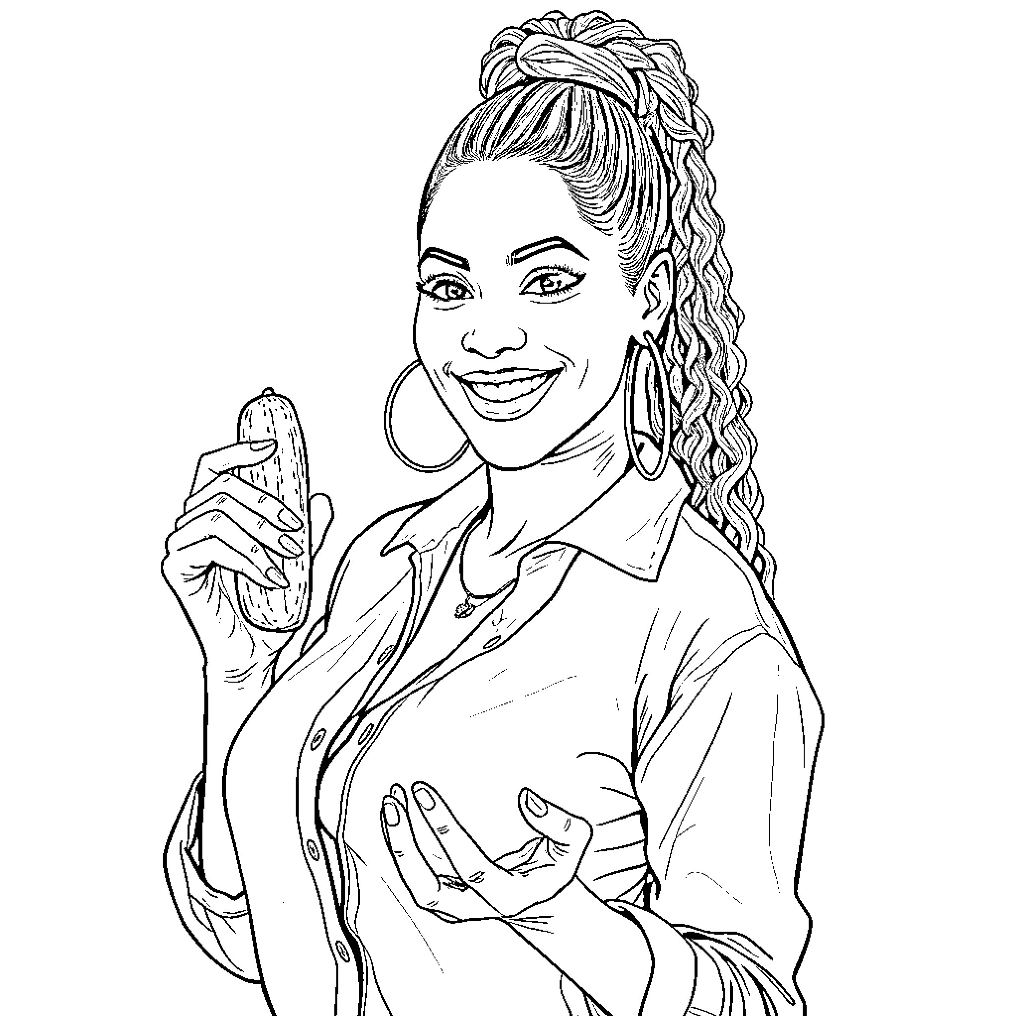 Beyonce posing confidently in stylish outfit Coloring Page (free black-and-white line drawing printable PDF for all, from beginners to advanced learners, including children, teens, adults, and seniors)