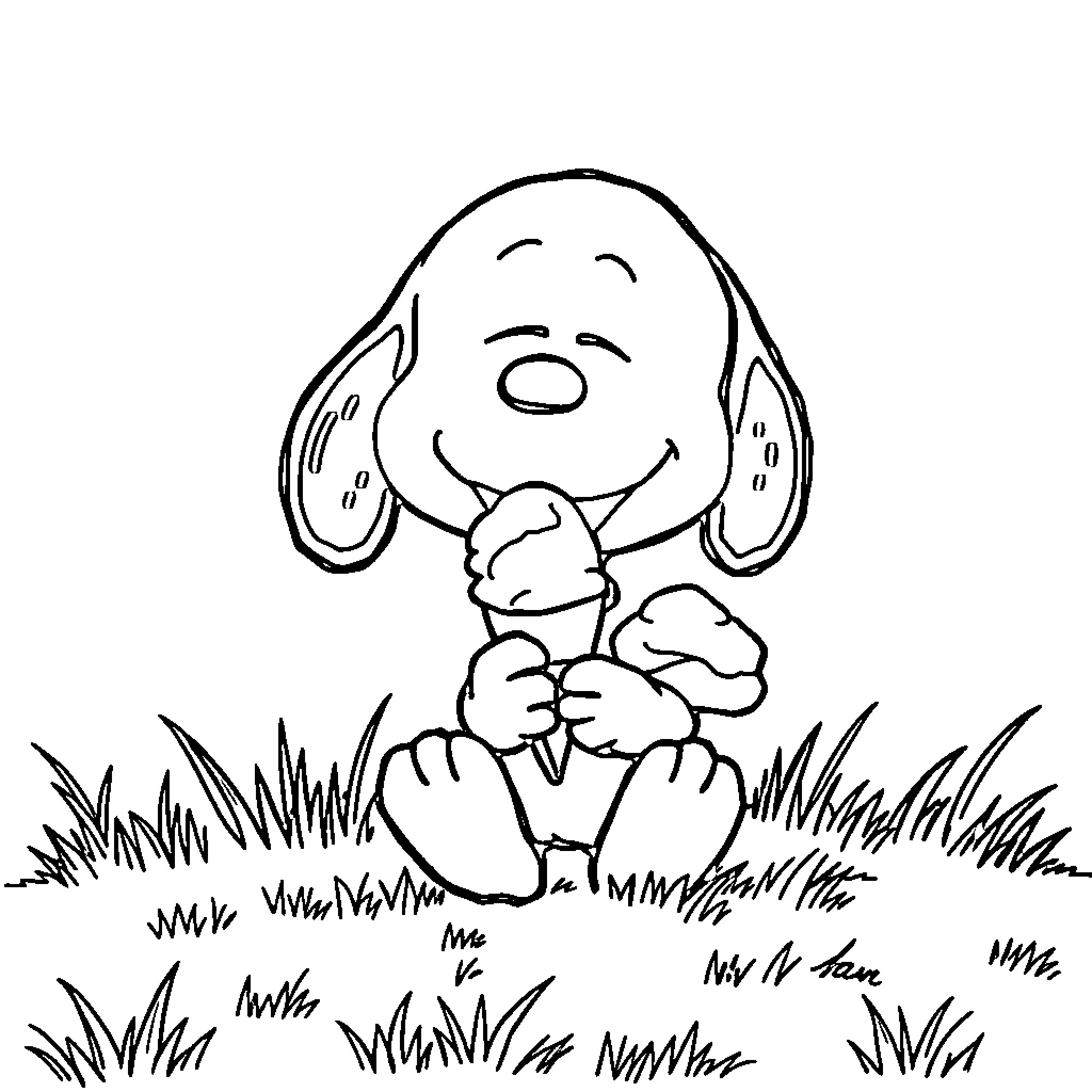 Snoopy enjoying the outdoors in a field Coloring Page (free black-and-white line drawing printable PDF for all, from beginners to advanced learners, including children, teens, adults, and seniors)