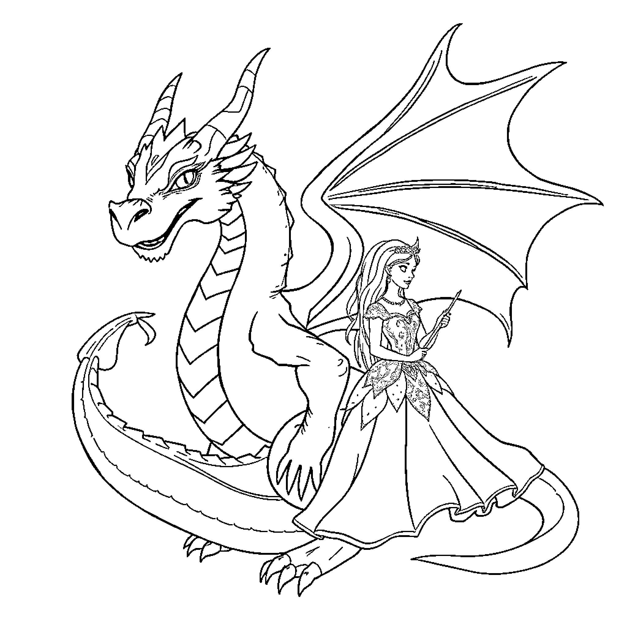 Dragon and Fairy in Fantastical Adventure Coloring Page (free black-and-white line drawing printable PDF for all, from beginners to advanced learners, including children, teens, adults, and seniors)