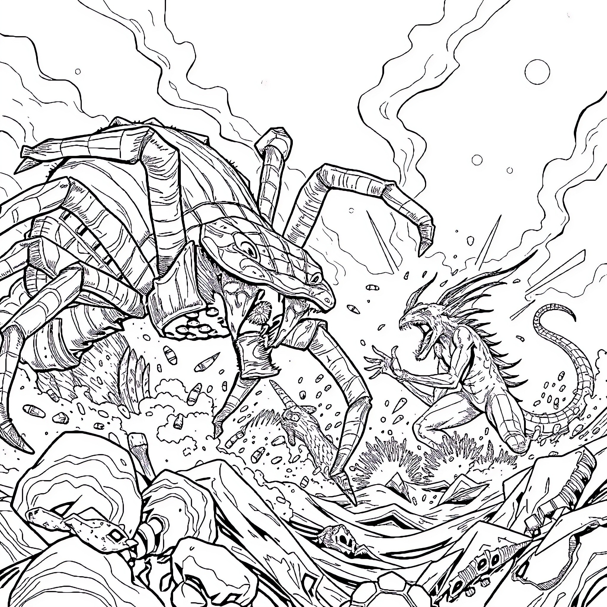 Spider-like creature battling a dragon in a fantastical landscape Coloring Page (free black-and-white line drawing printable PDF for all, from beginners to advanced learners, including children, teens, adults, and seniors)