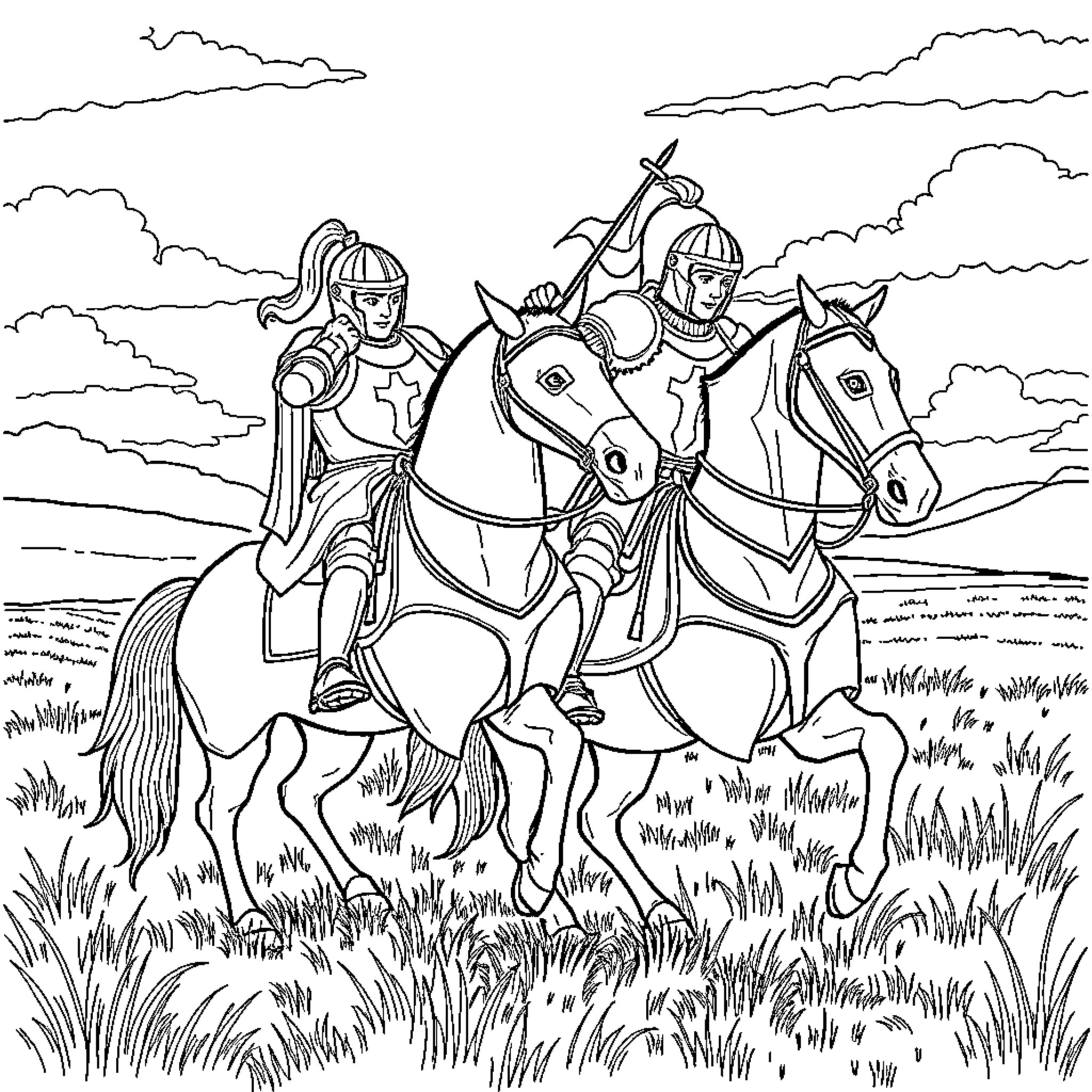 Knight Soldiers on Horseback Riding into Battle Coloring Page (free black-and-white line drawing printable PDF for all, from beginners to advanced learners, including children, teens, adults, and seniors)