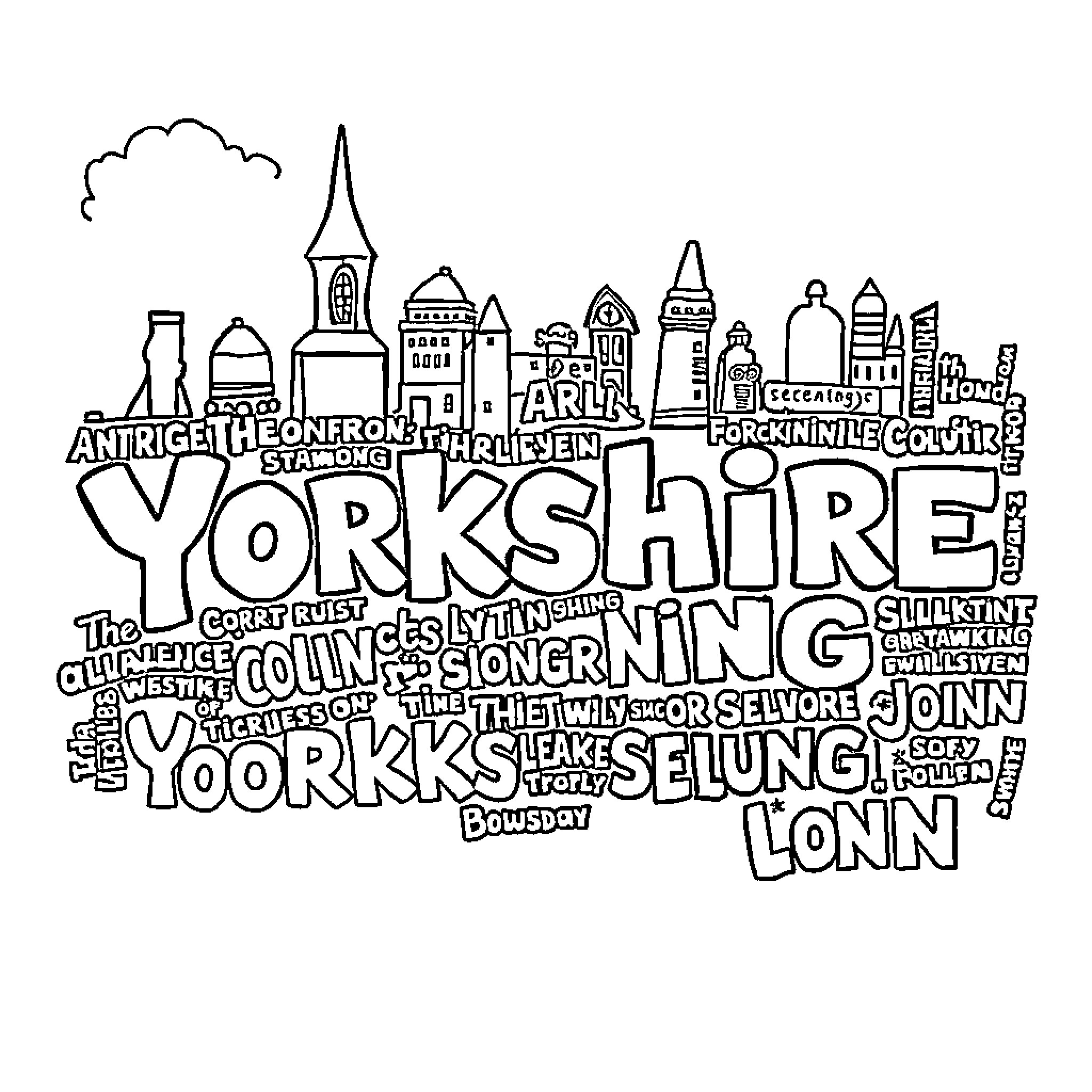 Yorkshire Slang Expressions and Landmarks Coloring Page (free black-and-white line drawing printable PDF for all, from beginners to advanced learners, including children, teens, adults, and seniors)