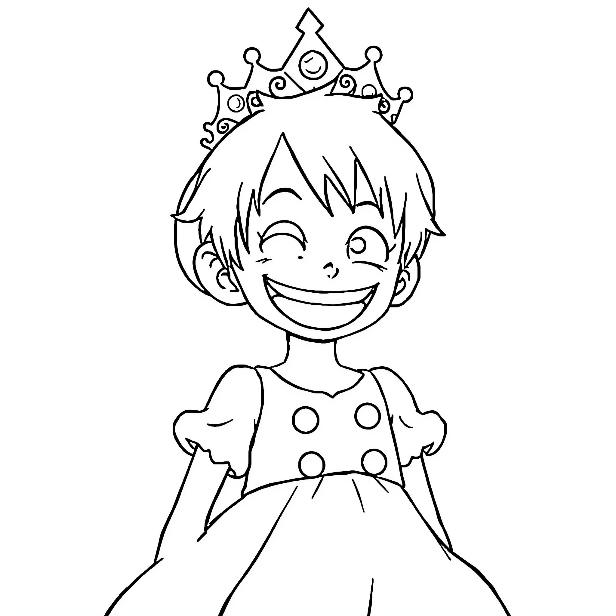 Monkey D Luffy dressed as a smiling princess Coloring Page (free black-and-white line drawing printable PDF for all, from beginners to advanced learners, including children, teens, adults, and seniors)