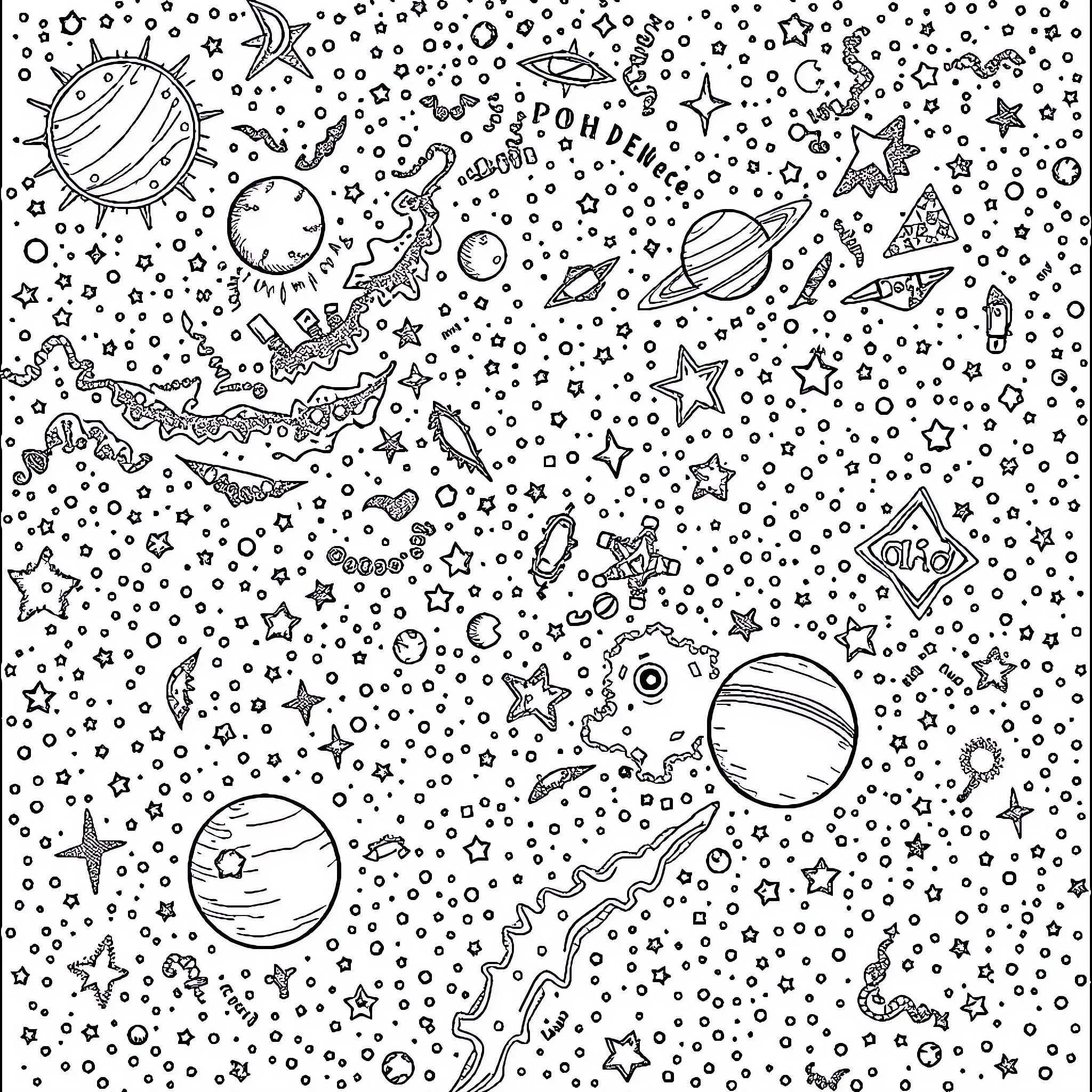 Universe of Celestial Wonders and Cosmic Curiosities Coloring Page (free black-and-white line drawing printable PDF for all, from beginners to advanced learners, including children, teens, adults, and seniors)