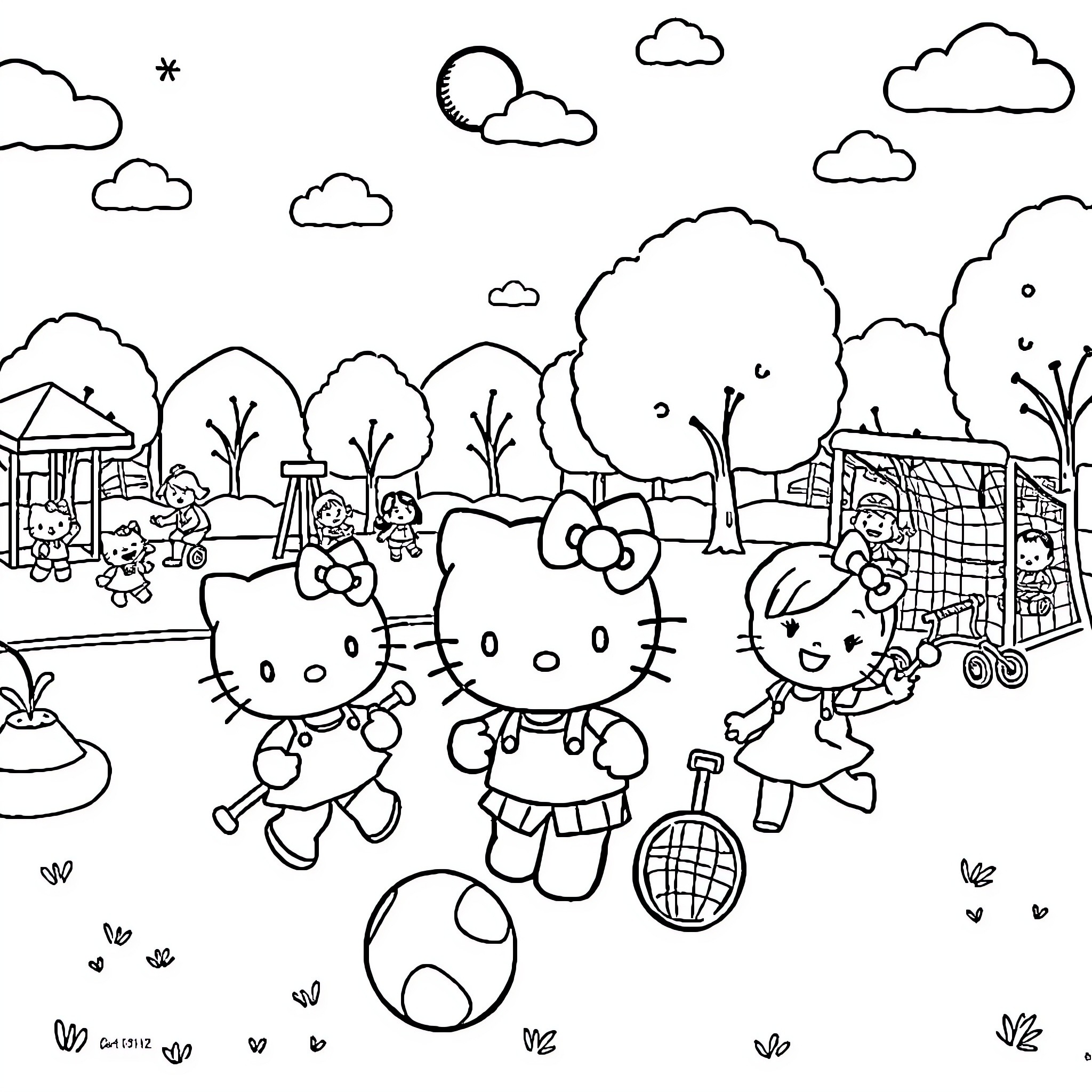 Hello Kitty and Friends Explore the Outdoors Coloring Page (free black-and-white line drawing printable PDF for all, from beginners to advanced learners, including children, teens, adults, and seniors)