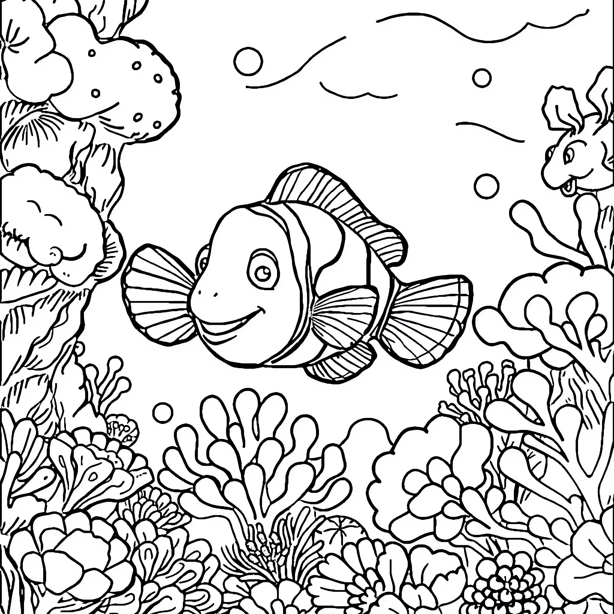 Nemo swimming amidst vibrant coral reef Coloring Page (free black-and-white line drawing printable PDF for all, from beginners to advanced learners, including children, teens, adults, and seniors)