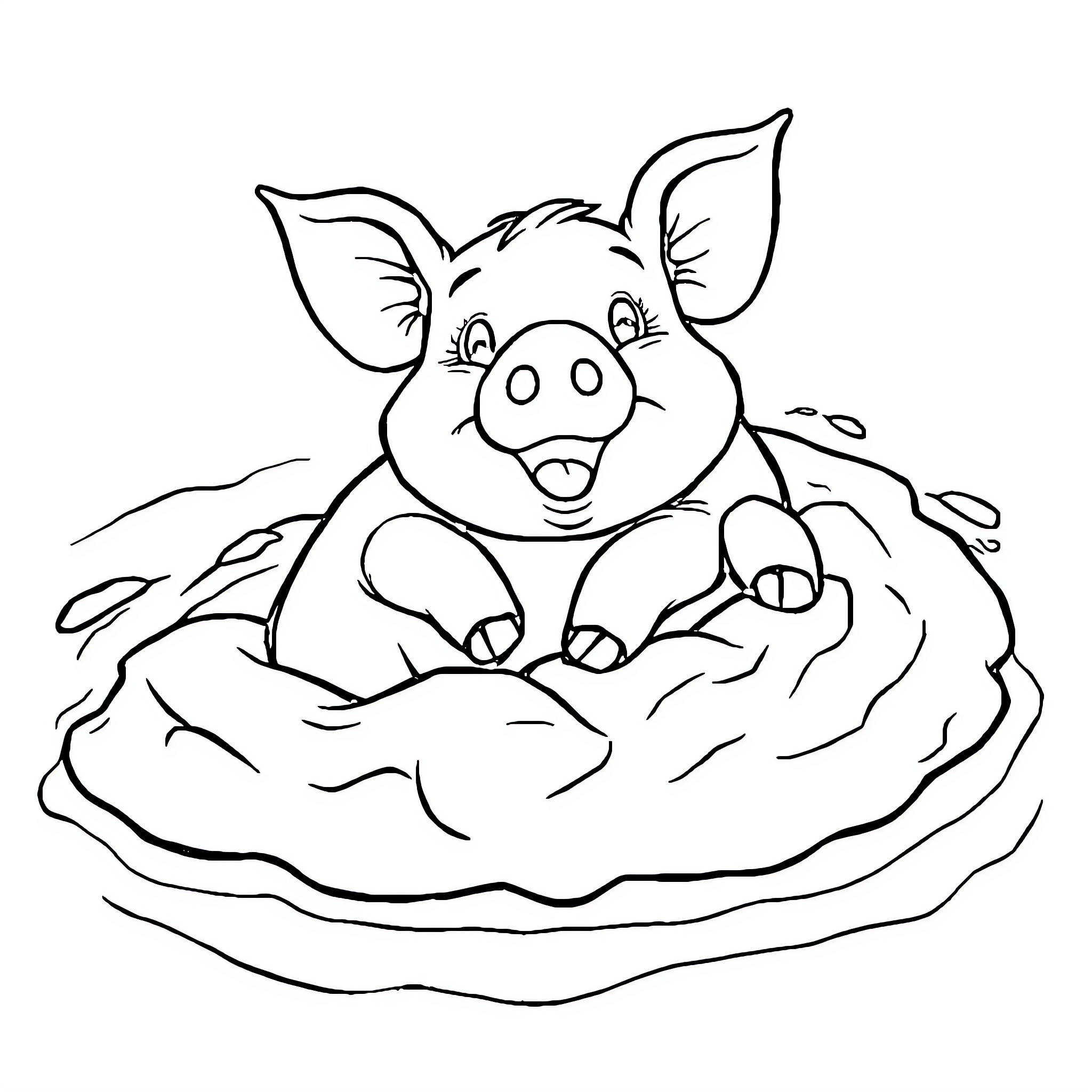 Pig enjoying a mud bath Coloring Page (free black-and-white line drawing printable PDF for all, from beginners to advanced learners, including children, teens, adults, and seniors)