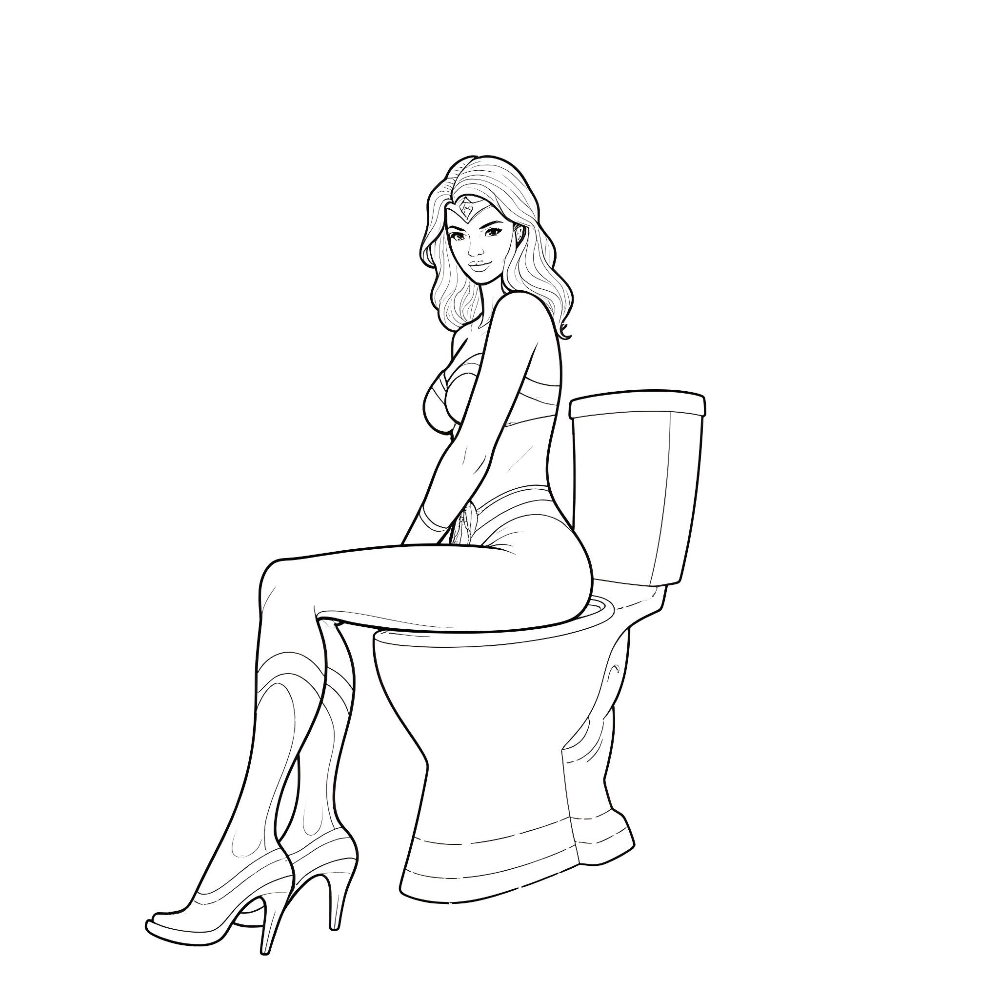 Wonder Woman Sitting Confidently on Toilet Coloring Page (free black-and-white line drawing printable PDF for all, from beginners to advanced learners, including children, teens, adults, and seniors)