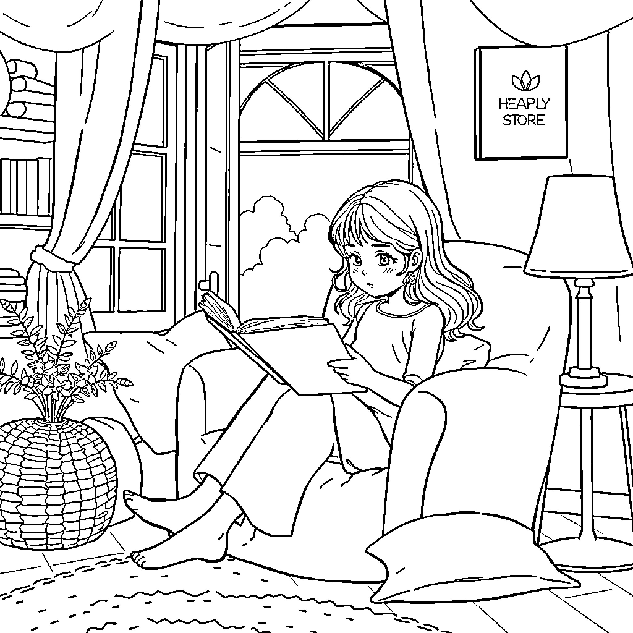 Girl reading a book in a cozy living room Coloring Page (free black-and-white line drawing printable PDF for all, from beginners to advanced learners, including children, teens, adults, and seniors)