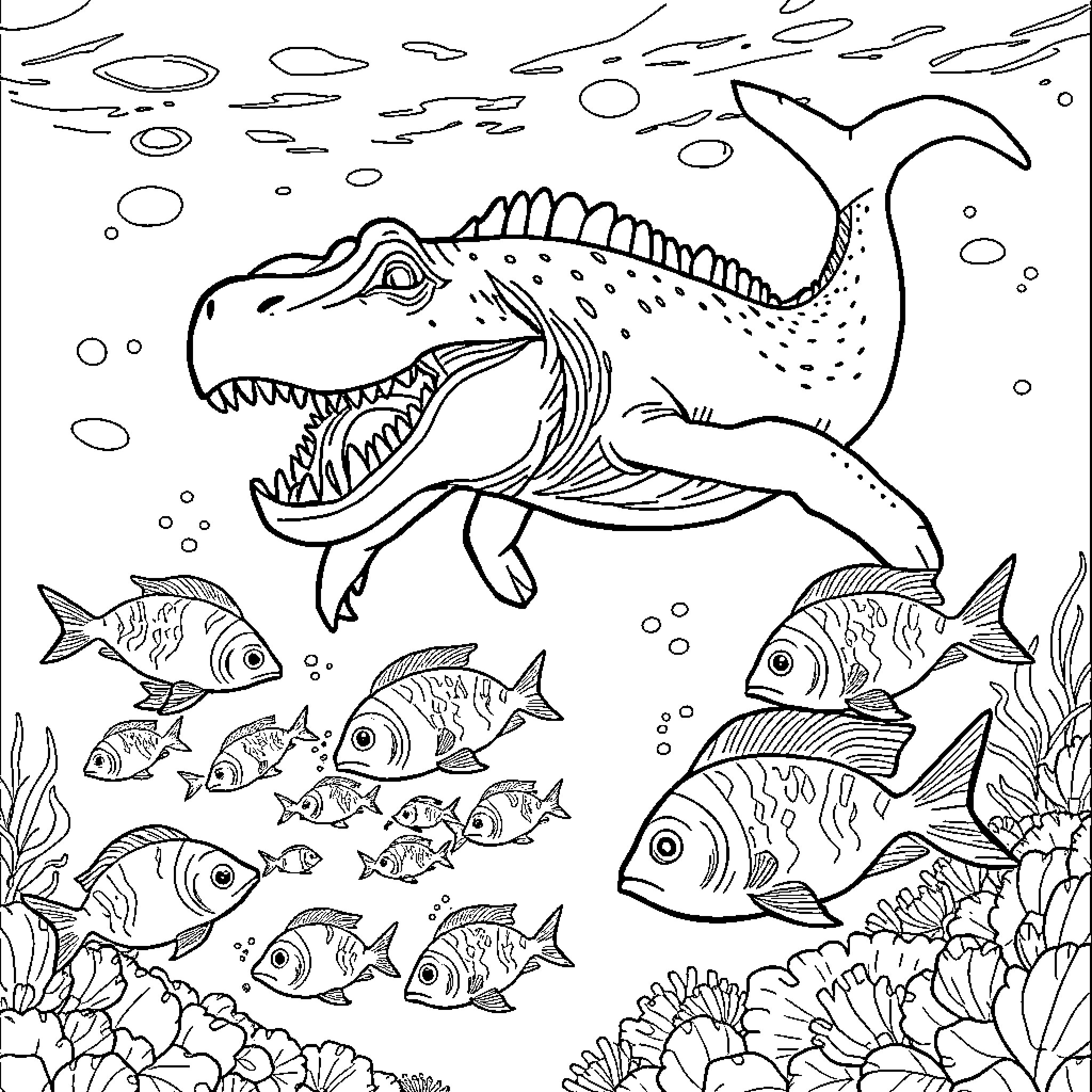 Mosasaur hunting in the underwater world Coloring Page (free black-and-white line drawing printable PDF for all, from beginners to advanced learners, including children, teens, adults, and seniors)