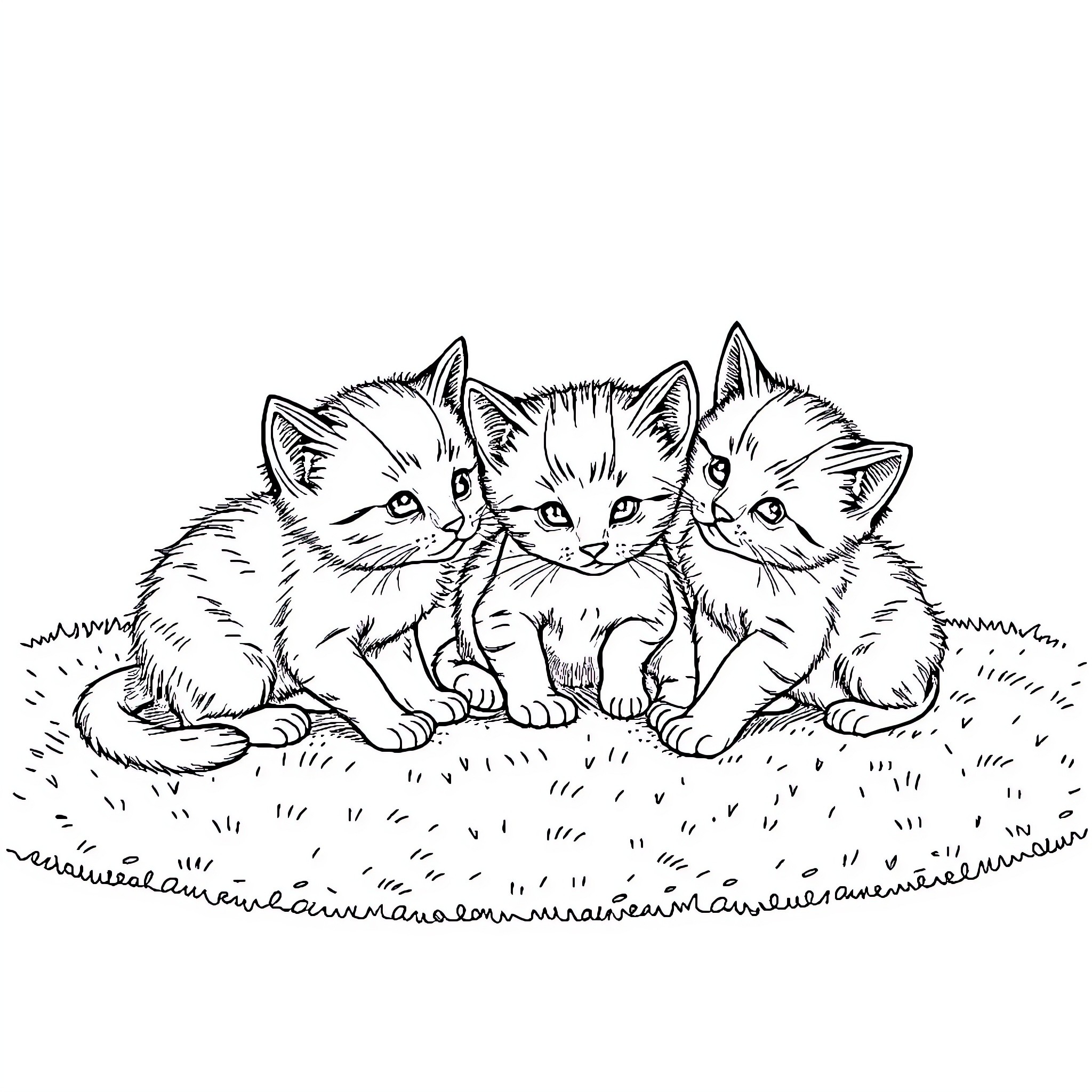 Cat Kittens Resting on Grass Coloring Page (free black-and-white line drawing printable PDF for all, from beginners to advanced learners, including children, teens, adults, and seniors)
