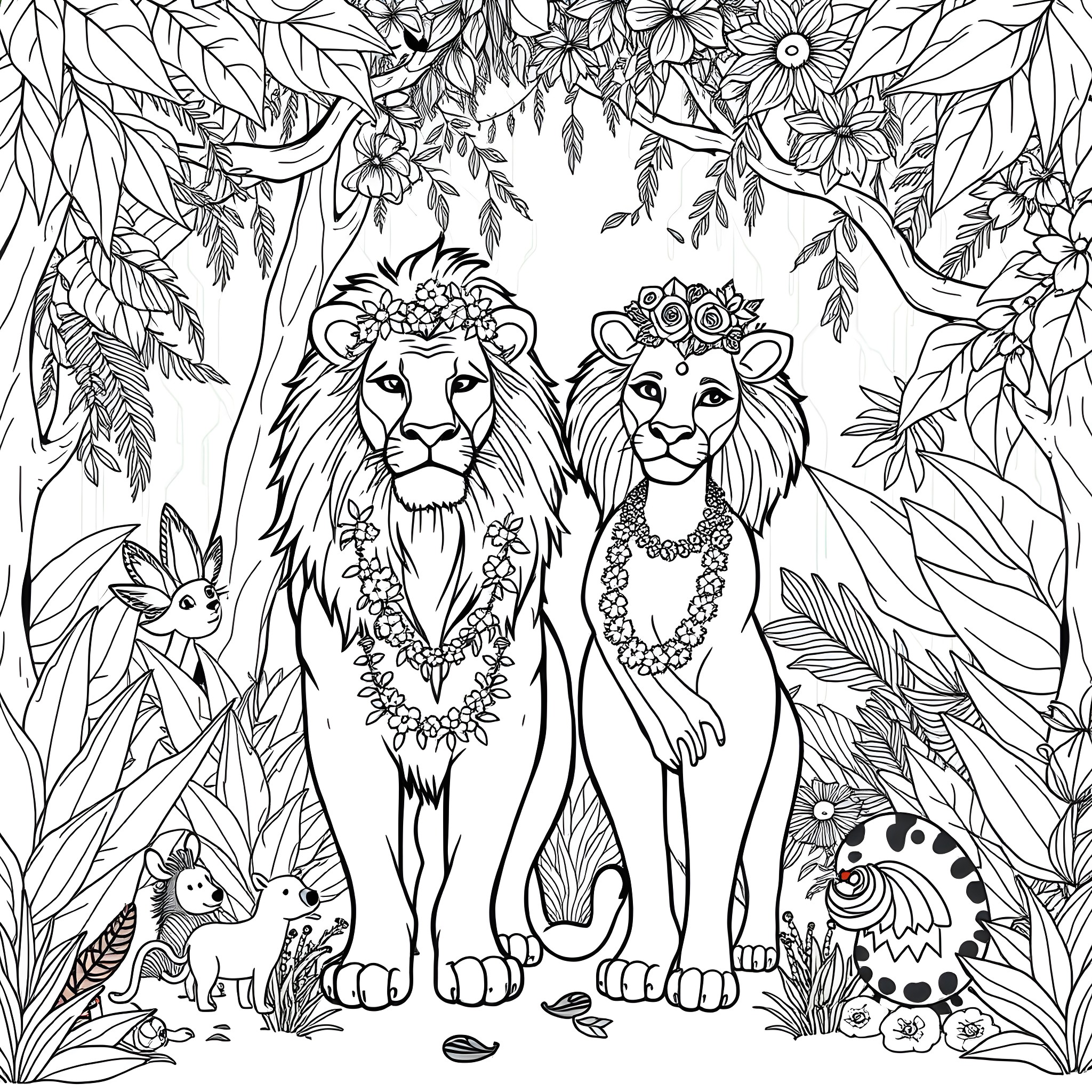 Lion and lioness adorned with floral crowns in nature Coloring Page (free black-and-white line drawing printable PDF for all, from beginners to advanced learners, including children, teens, adults, and seniors)