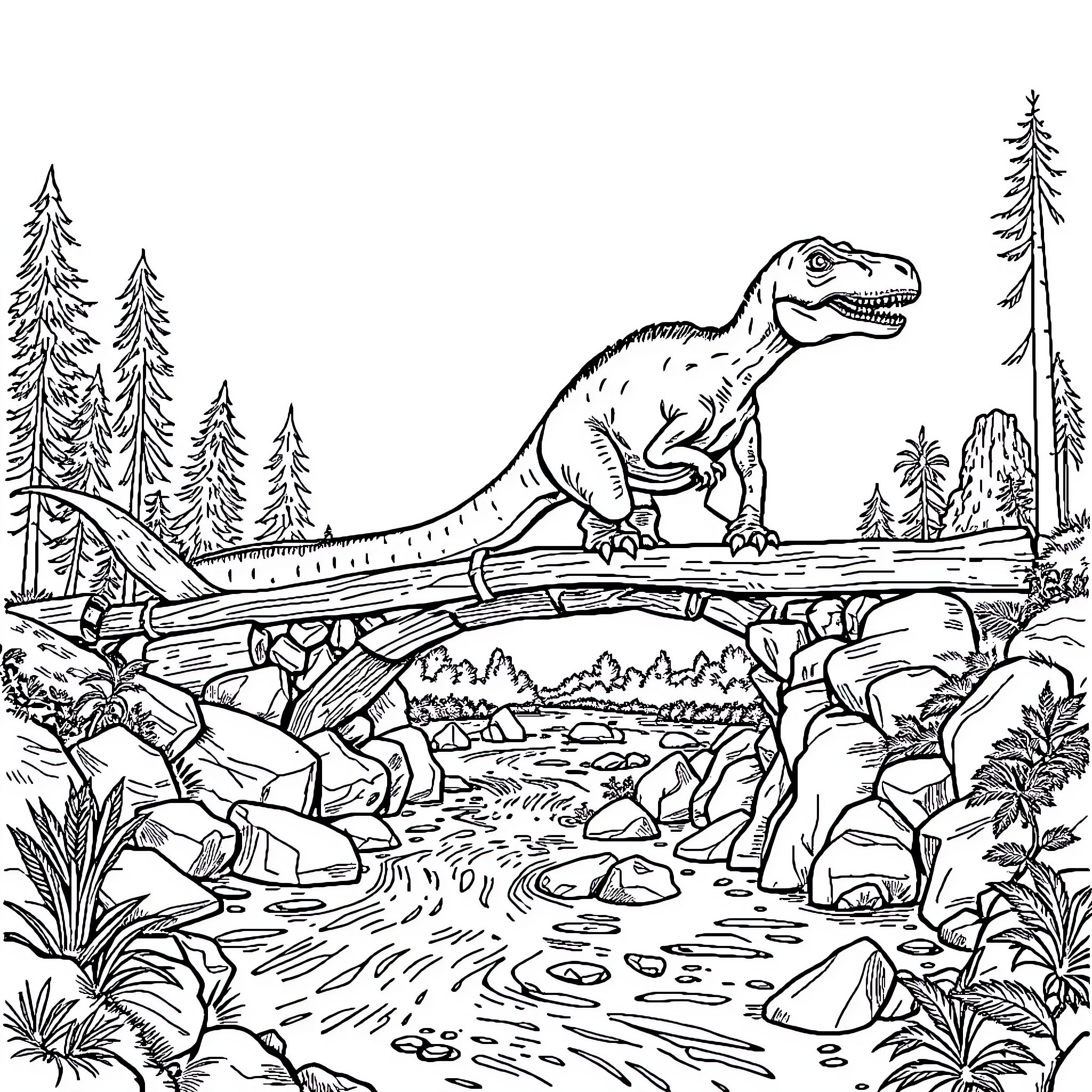 Dinosaur exploring the prehistoric forest landscape Coloring Page (free black-and-white line drawing printable PDF for all, from beginners to advanced learners, including children, teens, adults, and seniors)