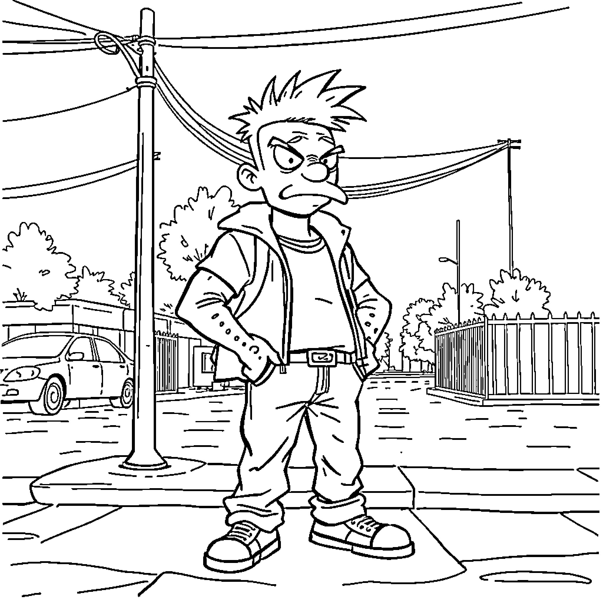 Hey Arnold: Boy with Mischievous Expression on City Street Coloring Page (free black-and-white line drawing printable PDF for all, from beginners to advanced learners, including children, teens, adults, and seniors)