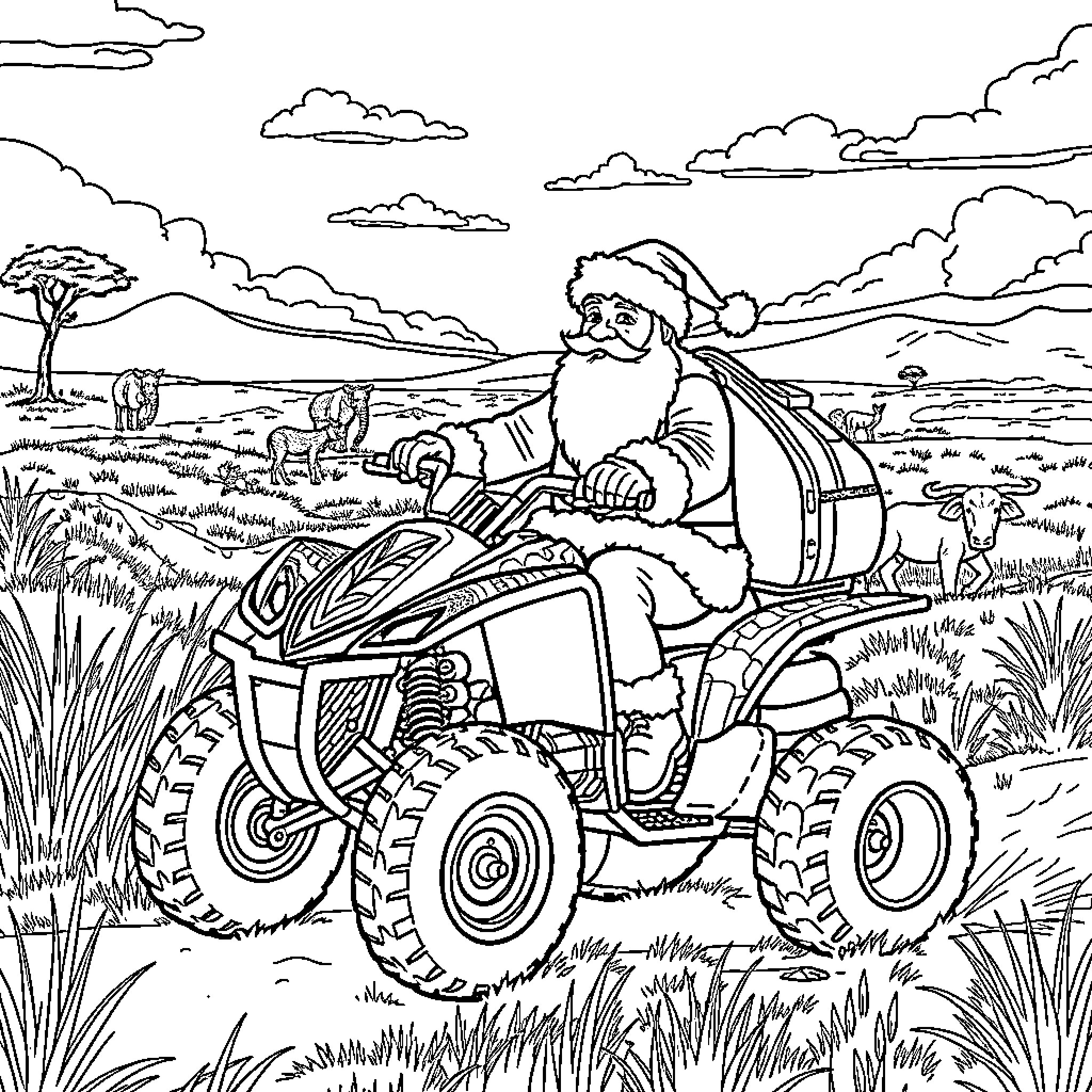 Santa Claus riding an all-terrain vehicle in a rural landscape Coloring Page (free black-and-white line drawing printable PDF for all, from beginners to advanced learners, including children, teens, adults, and seniors)
