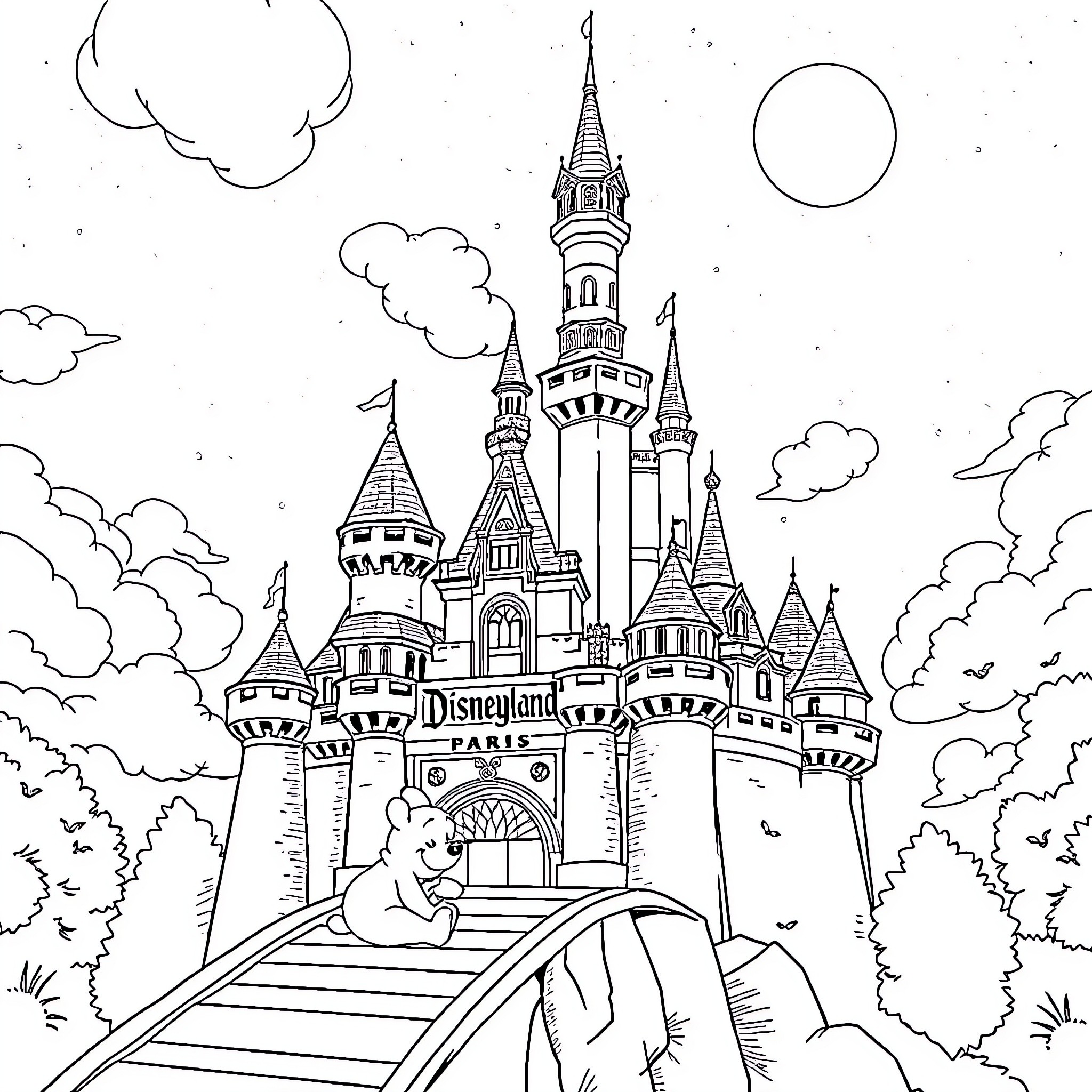 Winnie The Pooh's Enchanting Castle Adventure Coloring Page (free black-and-white line drawing printable PDF for all, from beginners to advanced learners, including children, teens, adults, and seniors)
