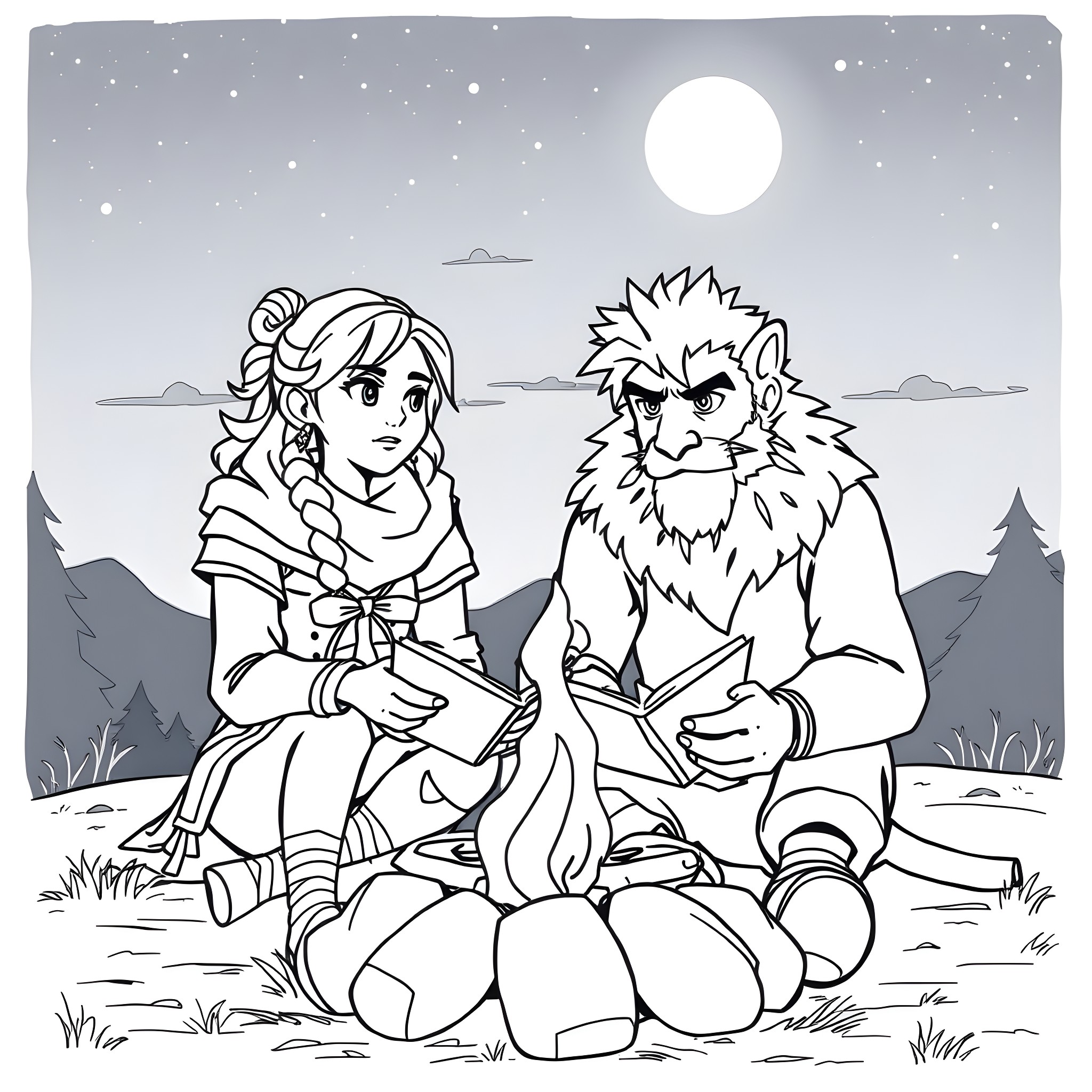 Yasha and companion enjoy a moonlit night together Coloring Page (free black-and-white line drawing printable PDF for all, from beginners to advanced learners, including children, teens, adults, and seniors)