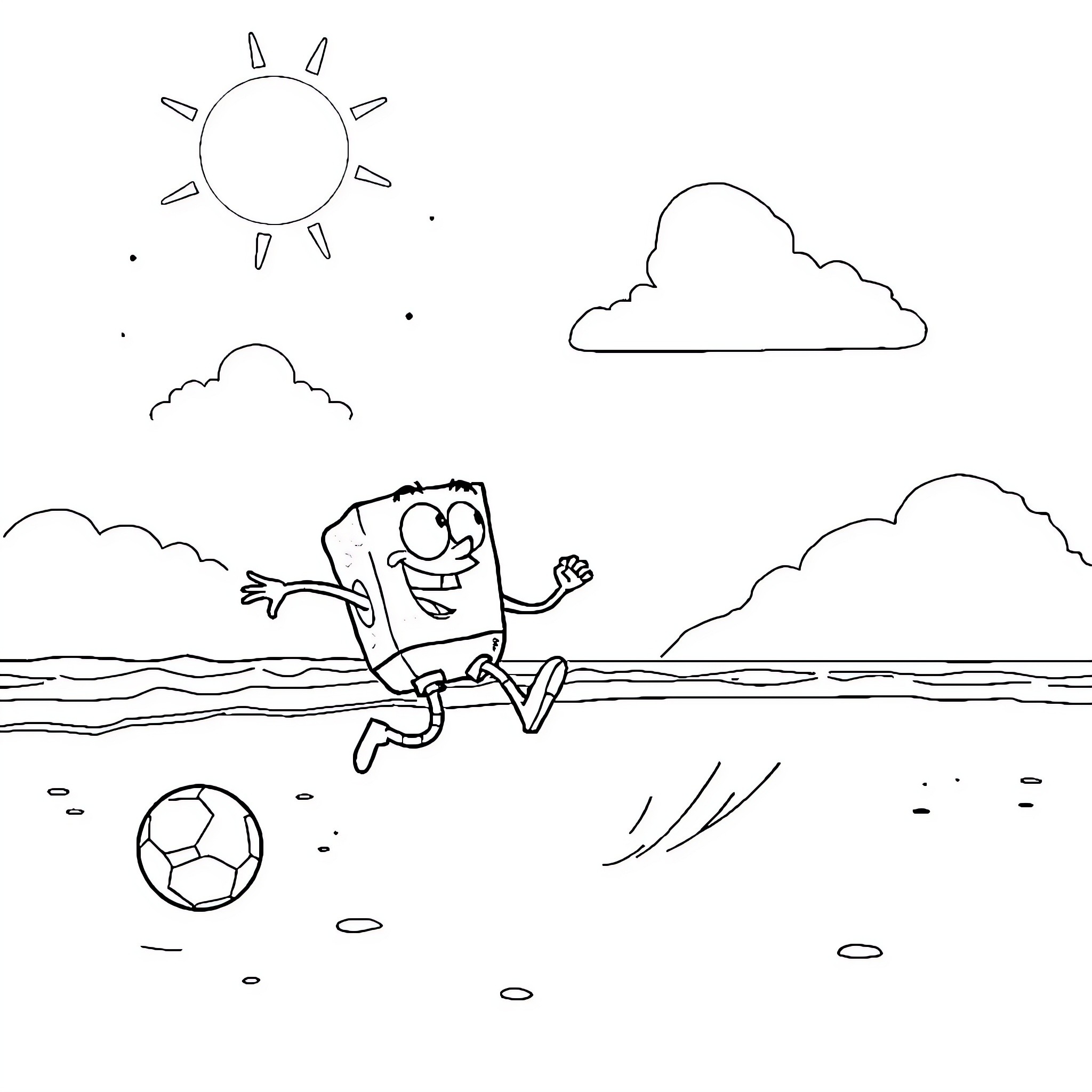 Bob esponja playing joyfully with a soccer ball on the beach Coloring Page (free black-and-white line drawing printable PDF for all, from beginners to advanced learners, including children, teens, adults, and seniors)
