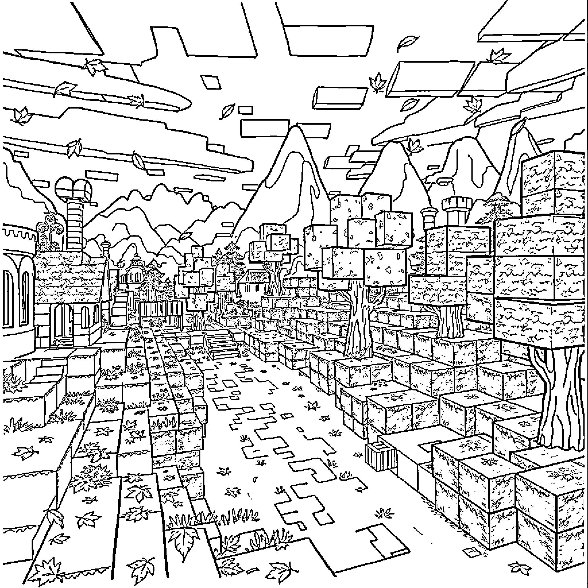 Minecraft landscape with cityscape and mountains Coloring Page (free black-and-white line drawing printable PDF for all, from beginners to advanced learners, including children, teens, adults, and seniors)